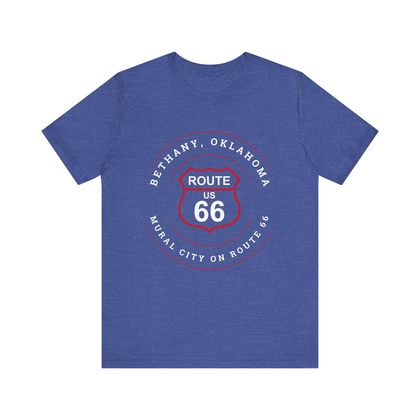Heather true royal retro Route 66 unisex jersey tee with Bethany, OK "Mural City on Route 66" design