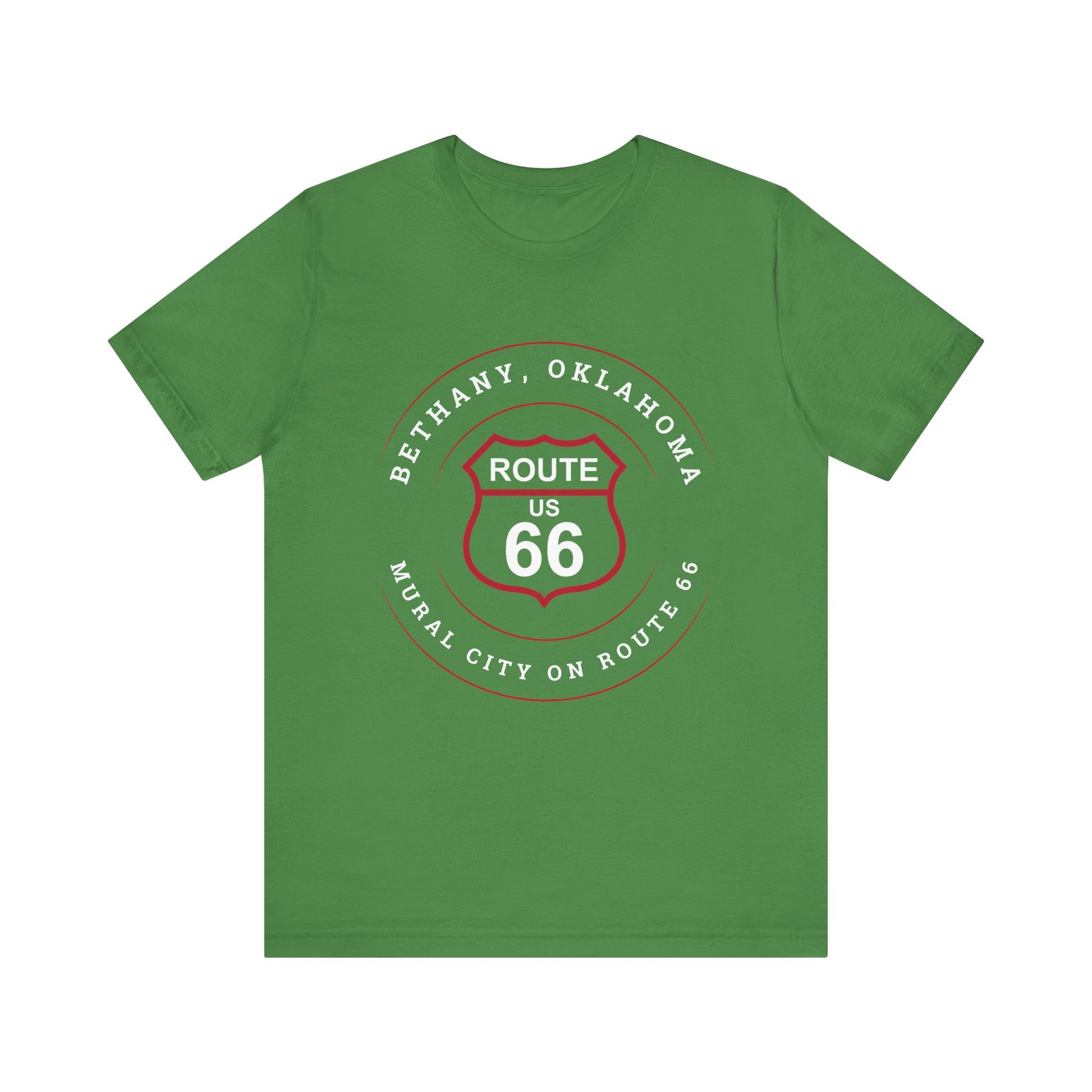 Leaf retro Route 66 unisex jersey tee with Bethany, OK "Mural City on Route 66" design