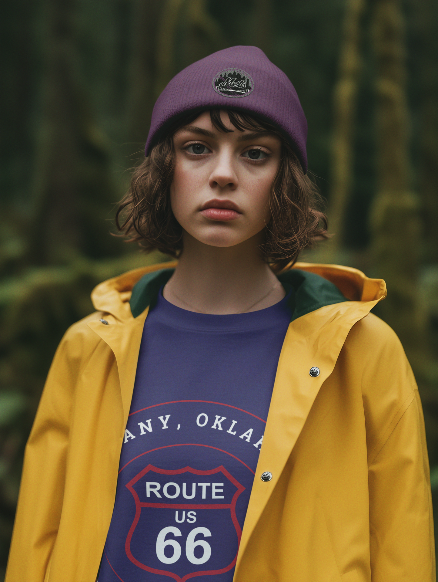 Female model wearing a purple Mets stocking cap, a yellow raincoat and a team navy retro Route 66 unisex jersey tee with Bethany, OK "Mural City on Route 66" design