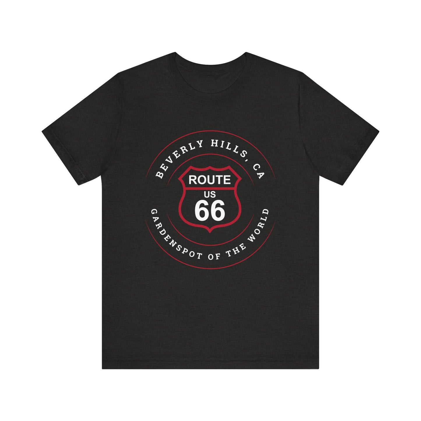 Black heather retro Route 66 unisex jersey tee with Beverly Hills, CA: "Gardenspot Of The World" design