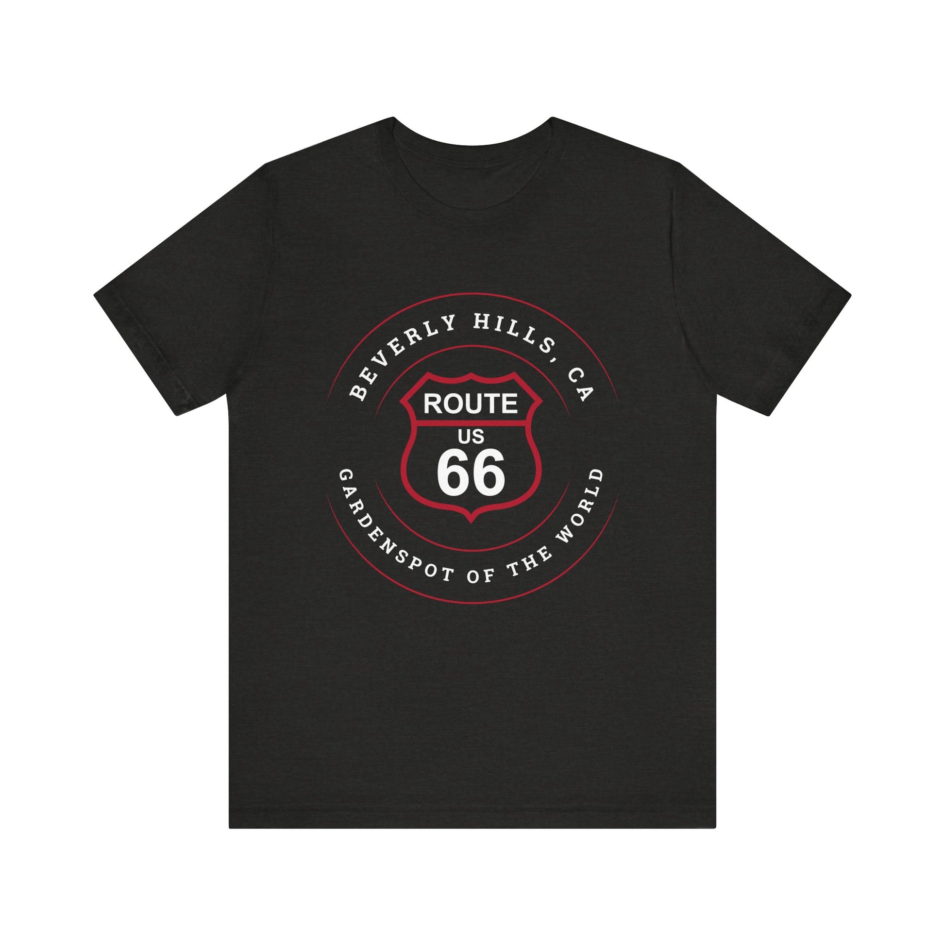 Black heather retro Route 66 unisex jersey tee with Beverly Hills, CA: "Gardenspot Of The World" design
