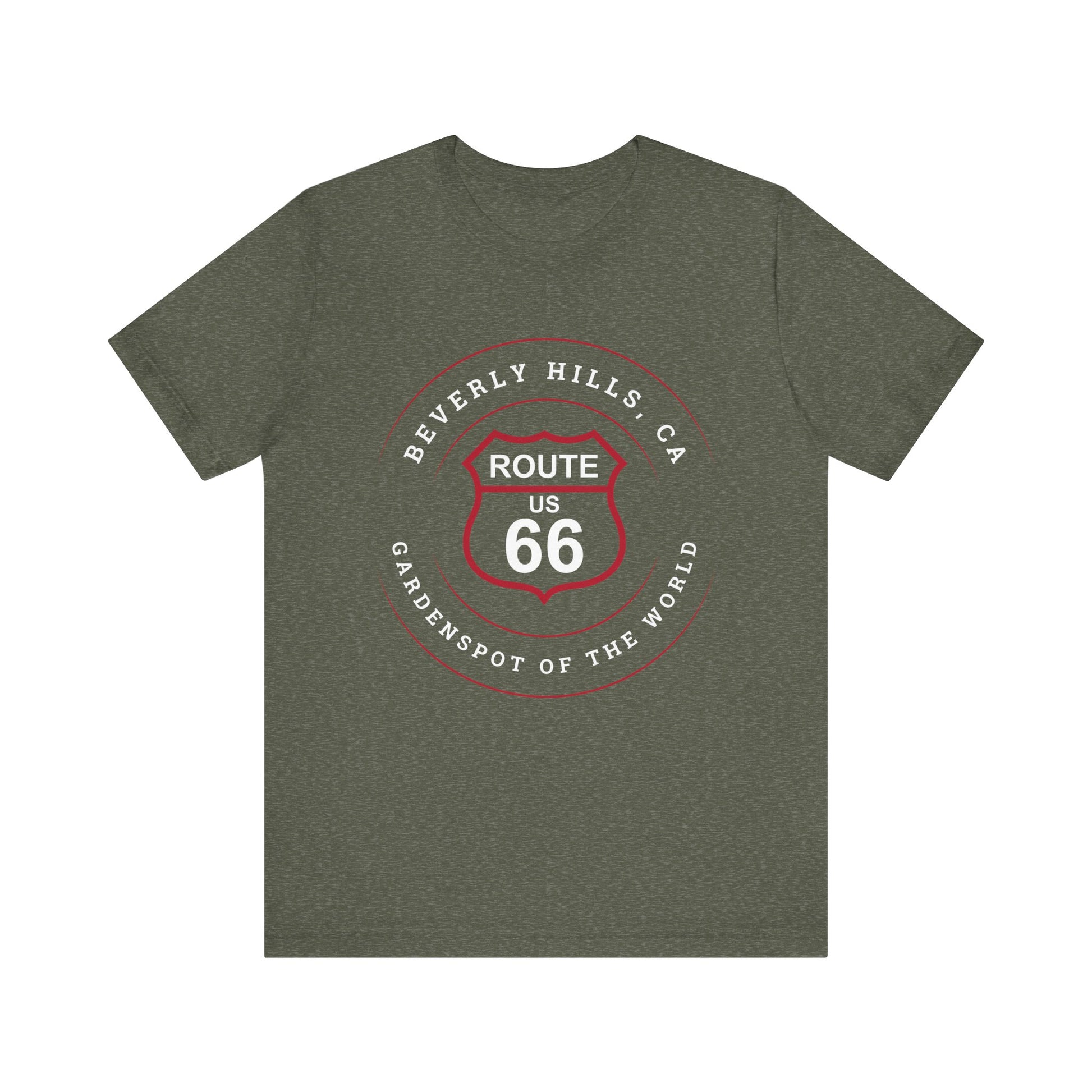Heather military green retro Route 66 unisex jersey tee with Beverly Hills, CA: "Gardenspot Of The World" design
