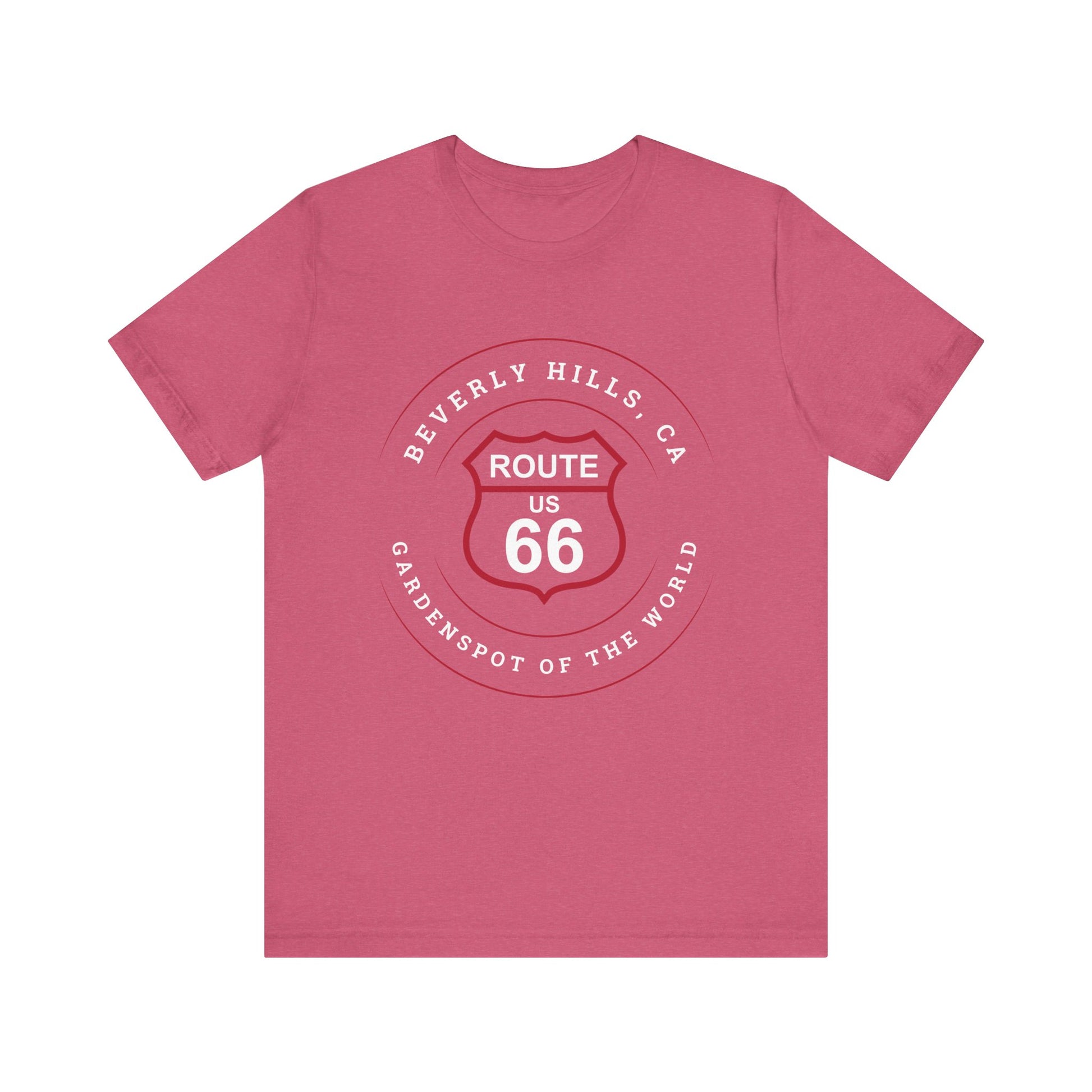 Heather raspberry retro Route 66 unisex jersey tee with Beverly Hills, CA: "Gardenspot Of The World" design