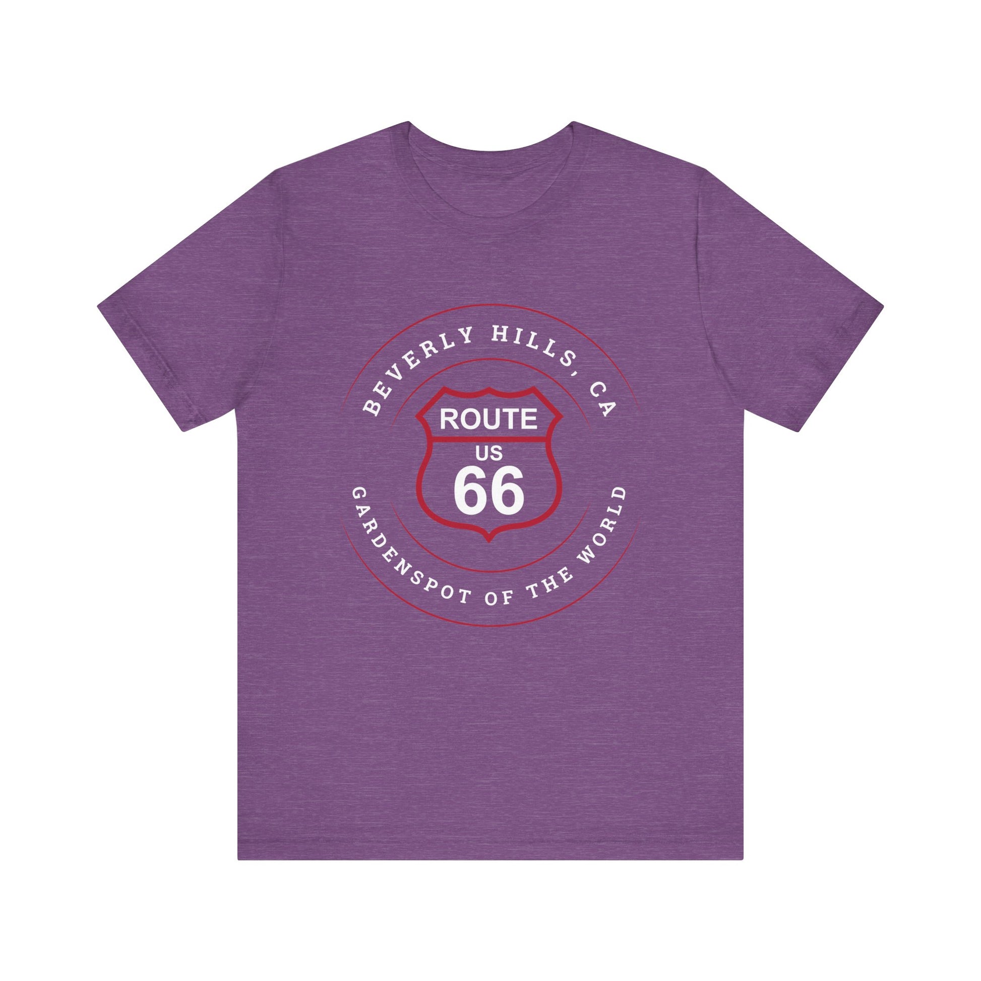 Heather team purple retro Route 66 unisex jersey tee with Beverly Hills, CA: "Gardenspot Of The World" design
