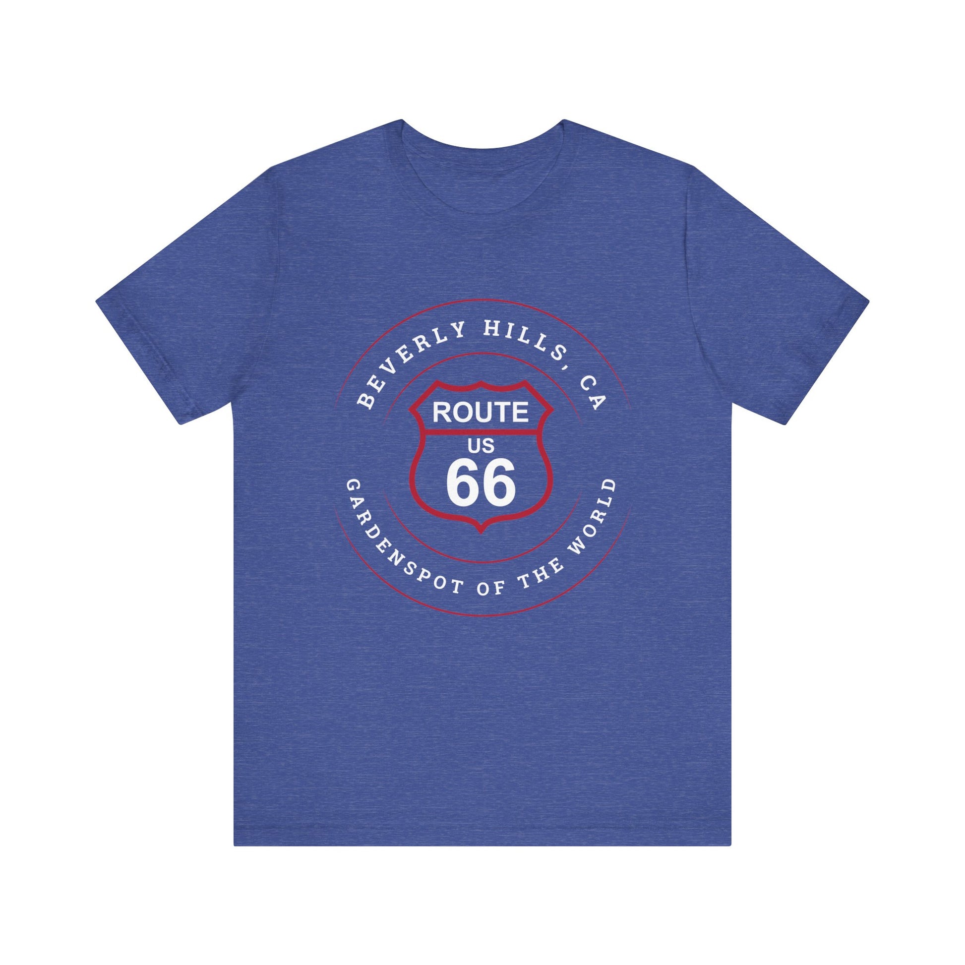 Heather true royal retro Route 66 unisex jersey tee with Beverly Hills, CA: "Gardenspot Of The World" design