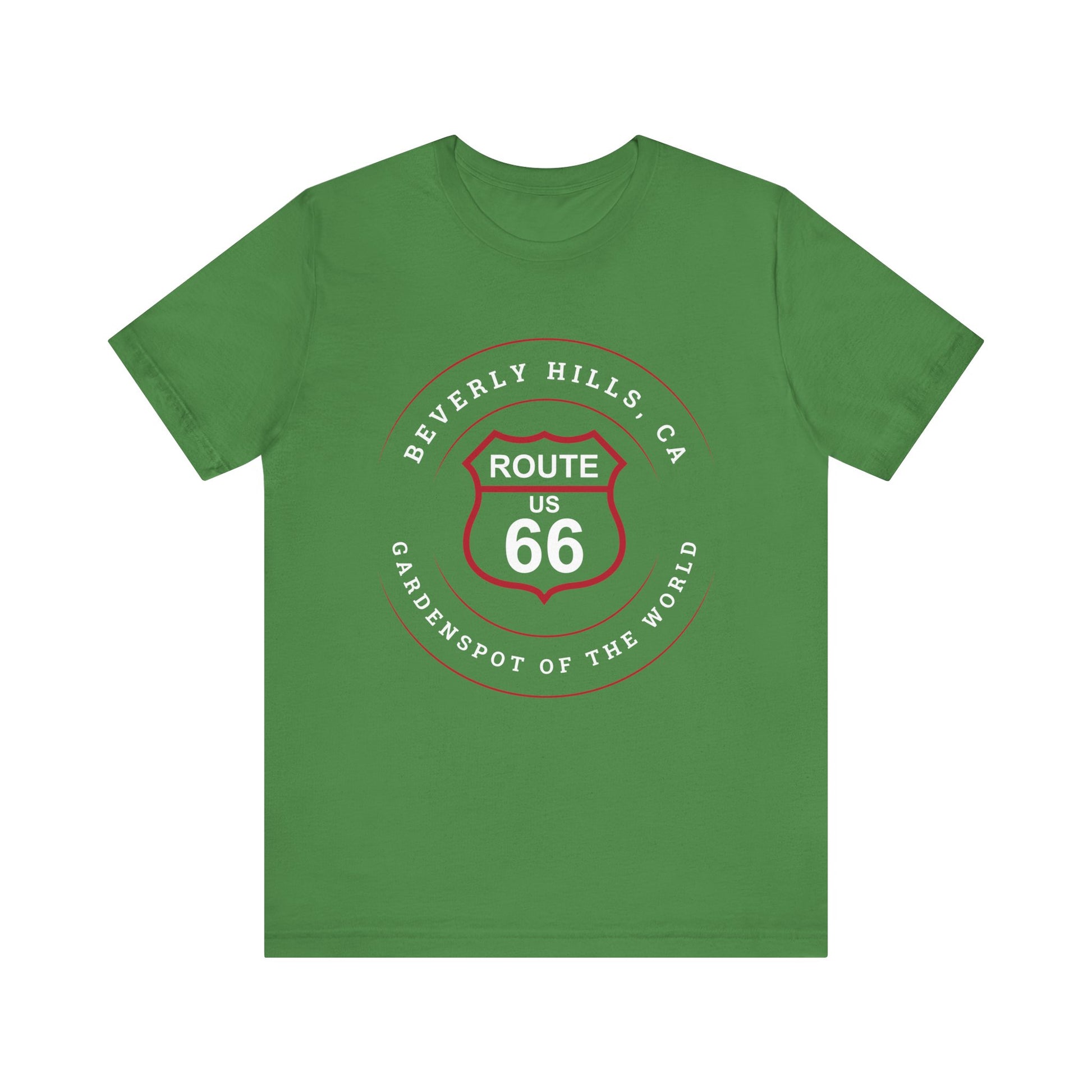 Leaf retro Route 66 unisex jersey tee with Beverly Hills, CA: "Gardenspot Of The World" design