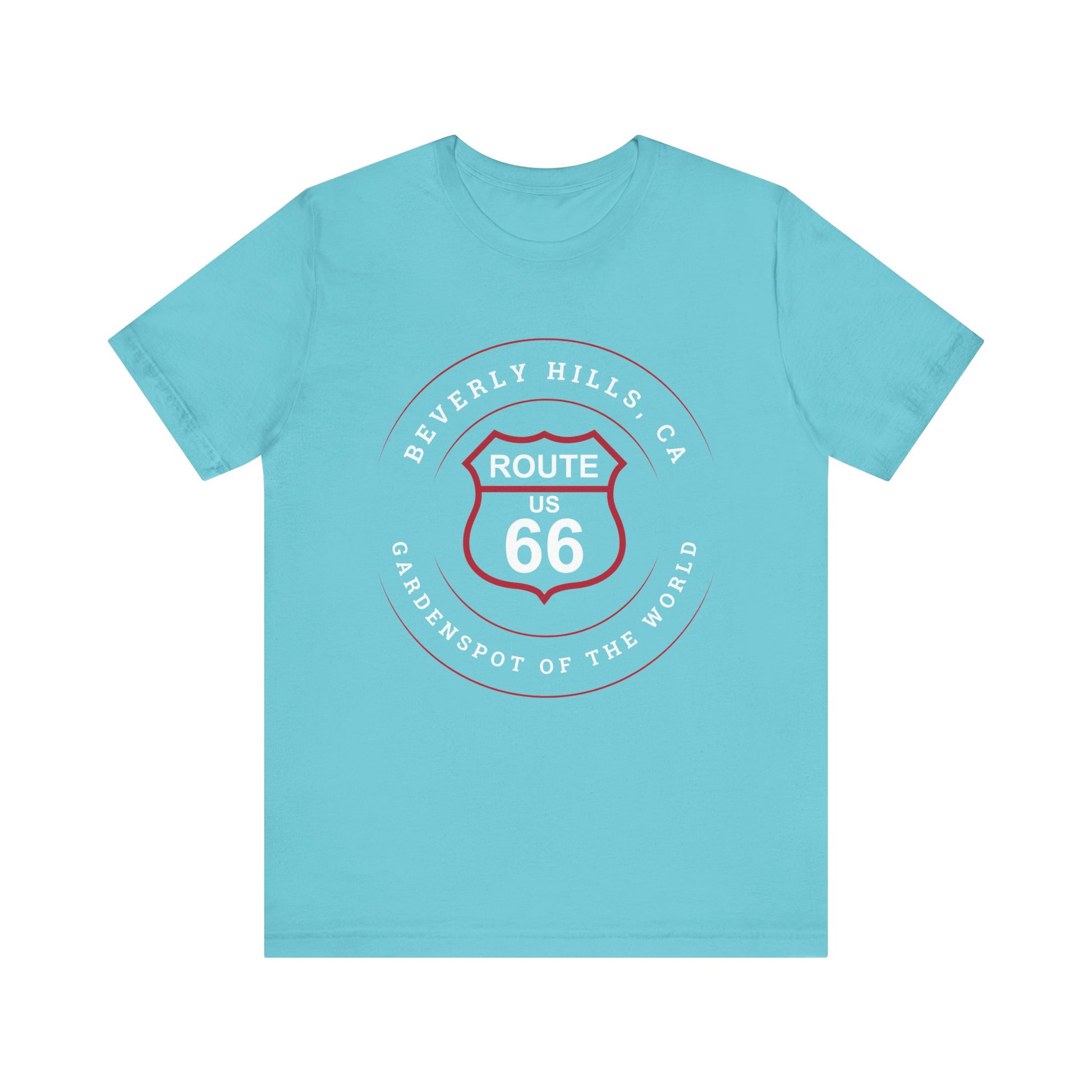 Turquoise retro Route 66 unisex jersey tee with Beverly Hills, CA: "Gardenspot Of The World" design
