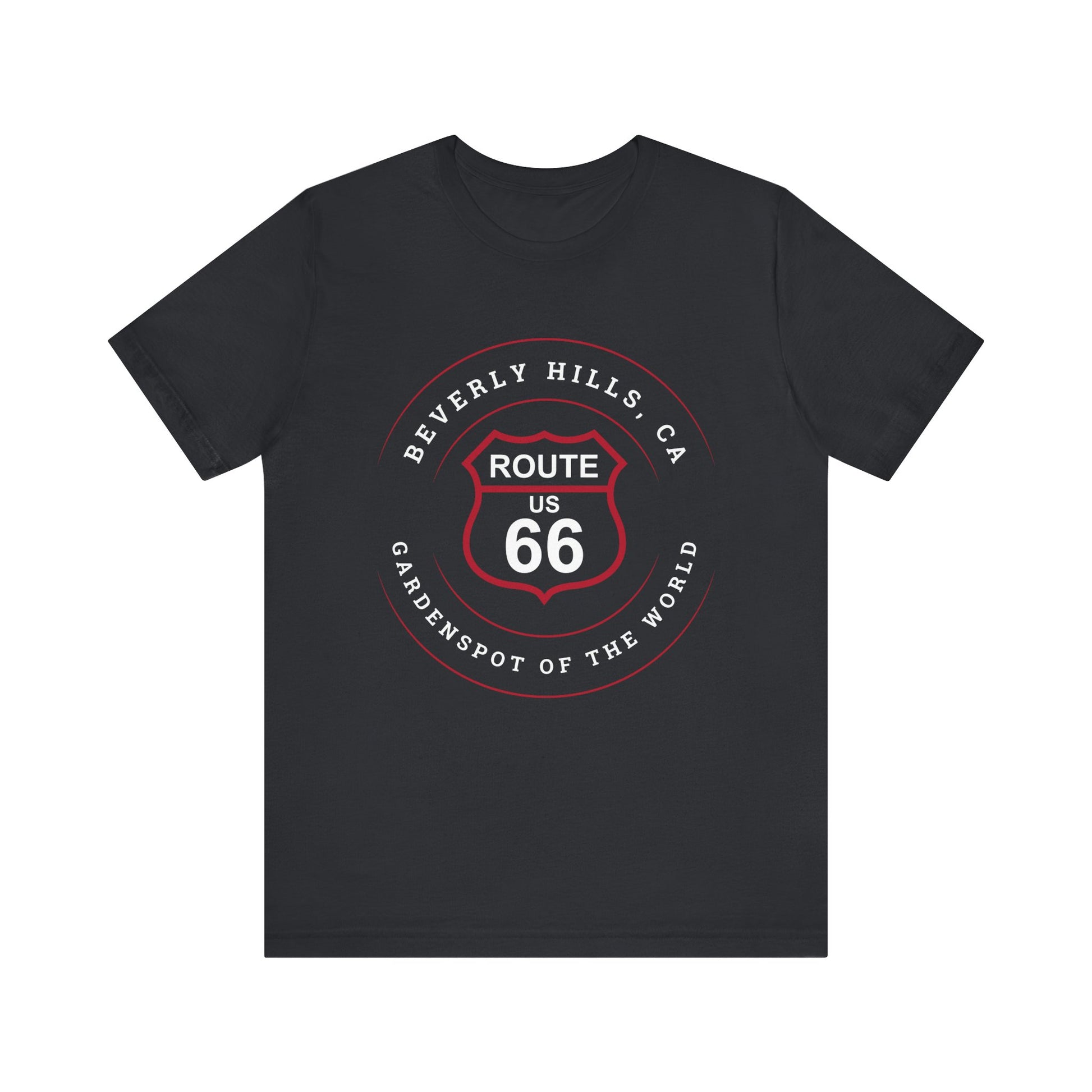 Vintage black retro Route 66 unisex jersey tee with Beverly Hills, CA: "Gardenspot Of The World" design