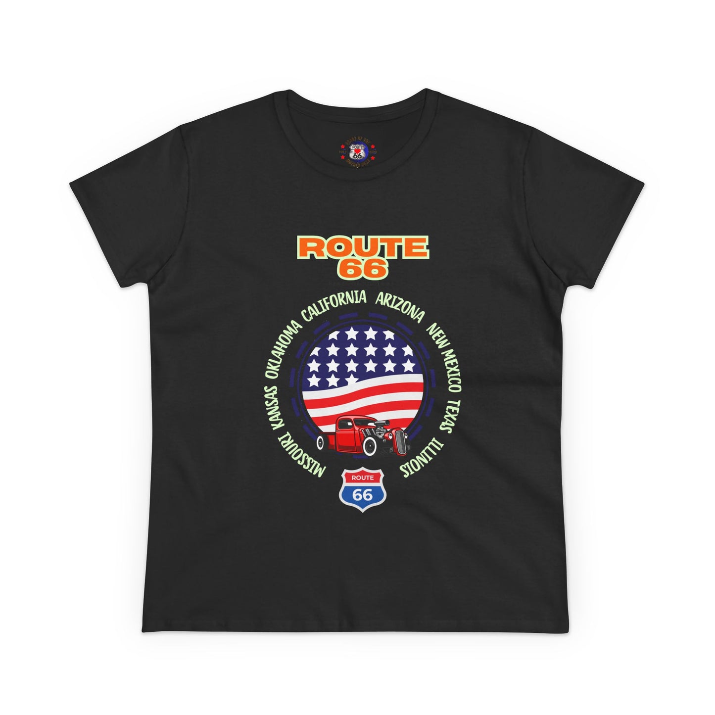 Route 66 Women's Vintage Travel Tee: Bold Flag & Classic Car Edition