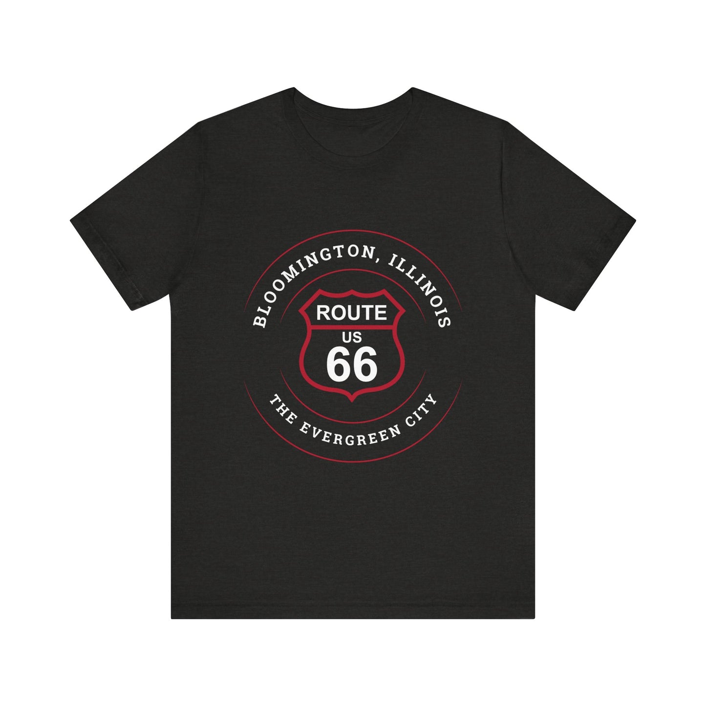 Black heather retro Route 66 unisex jersey tee with Bloomington, IL: "The Evergreen City" design