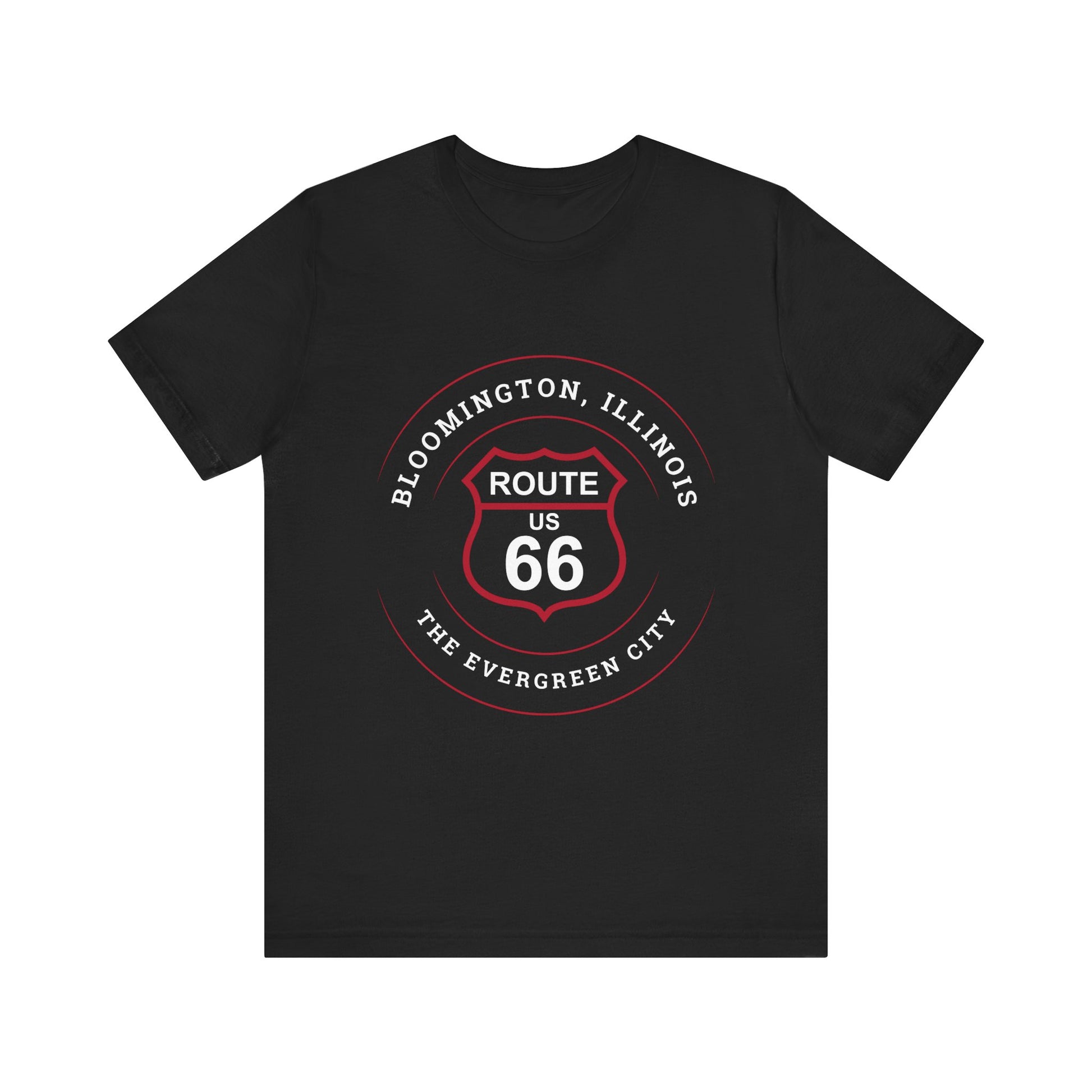 Black retro Route 66 unisex jersey tee with Bloomington, IL: "The Evergreen City" design