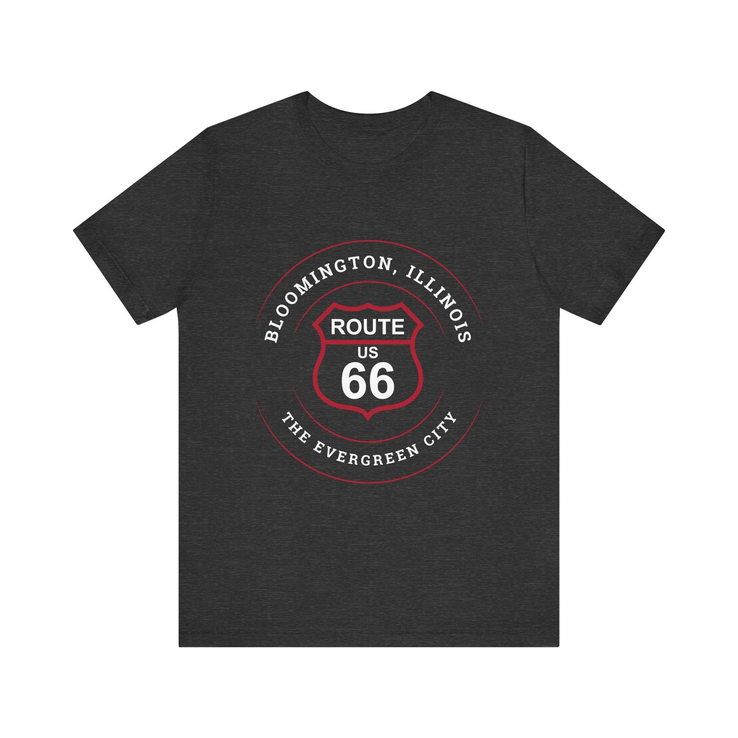 Dark grey heather retro Route 66 unisex jersey tee with Bloomington, IL: "The Evergreen City" design
