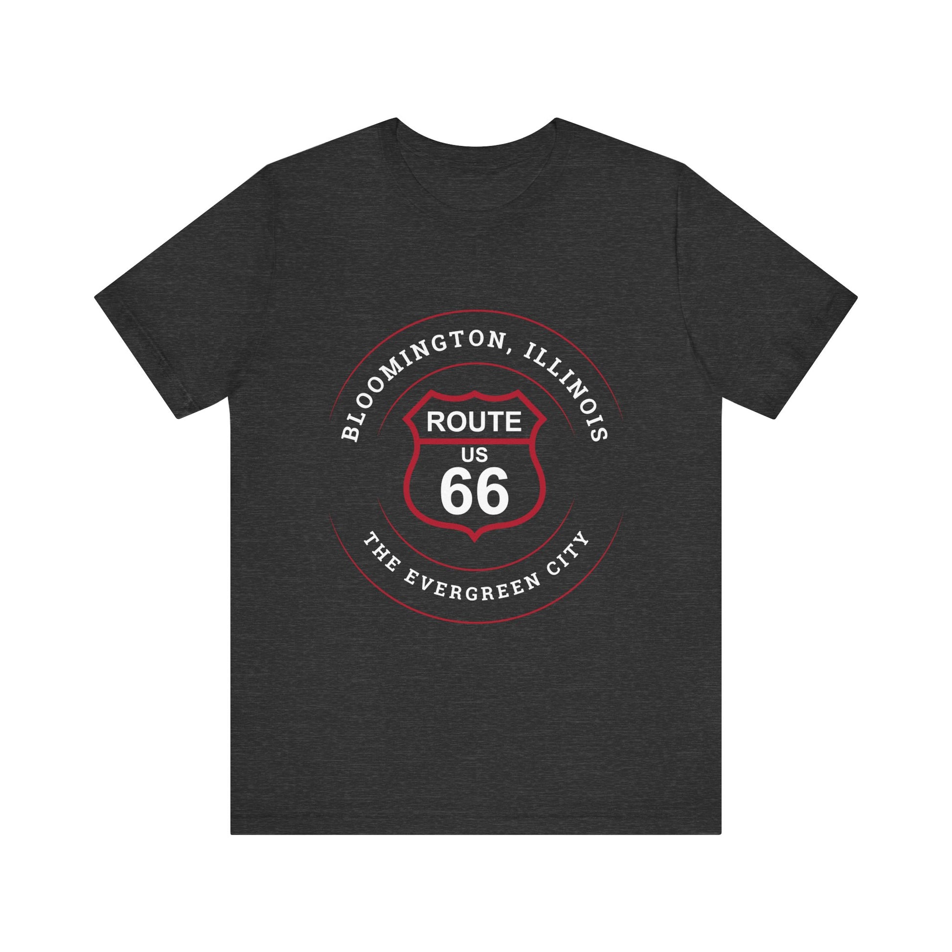 Dark grey heather retro Route 66 unisex jersey tee with Bloomington, IL: "The Evergreen City" design