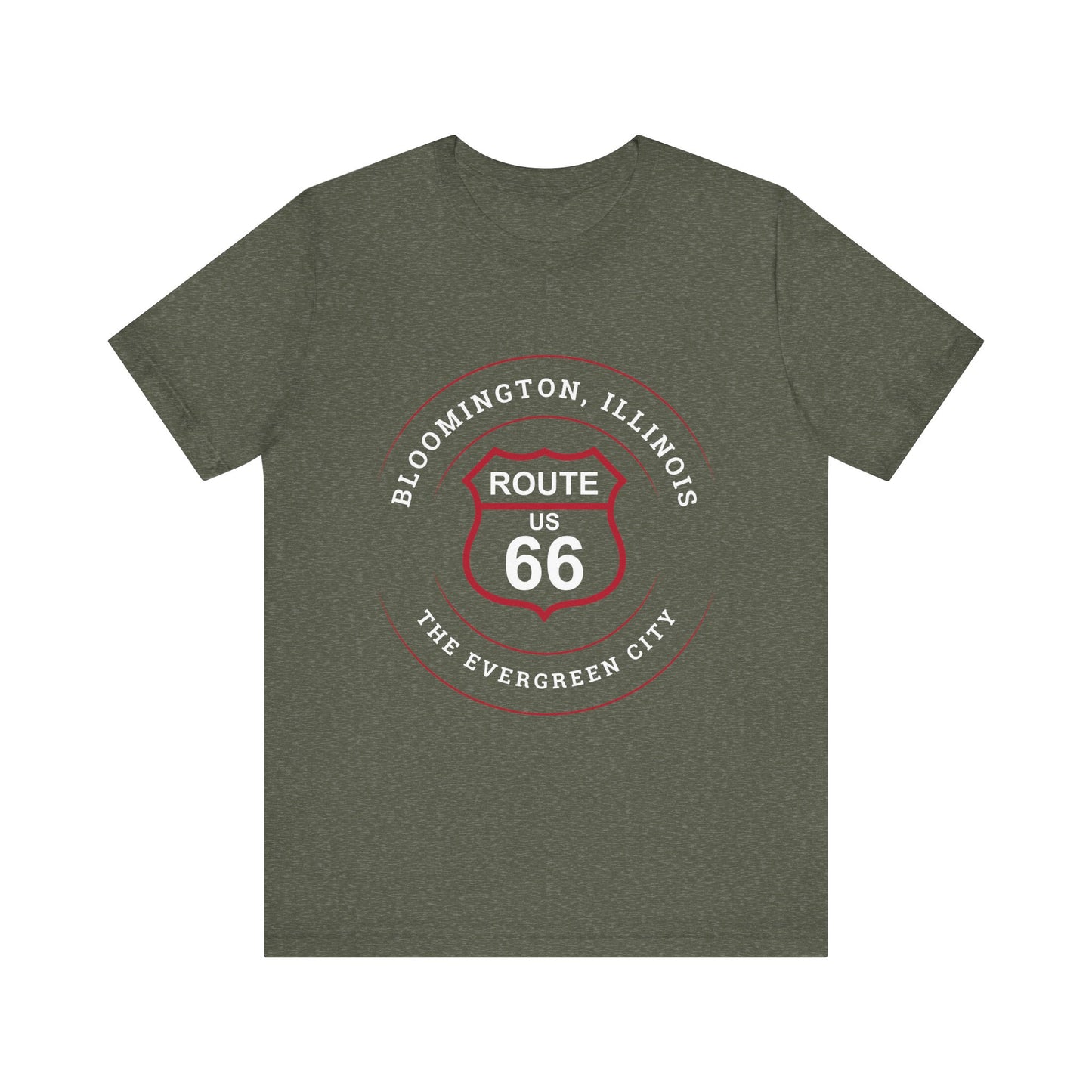 Heather military green retro Route 66 unisex jersey tee with Bloomington, IL: "The Evergreen City" design