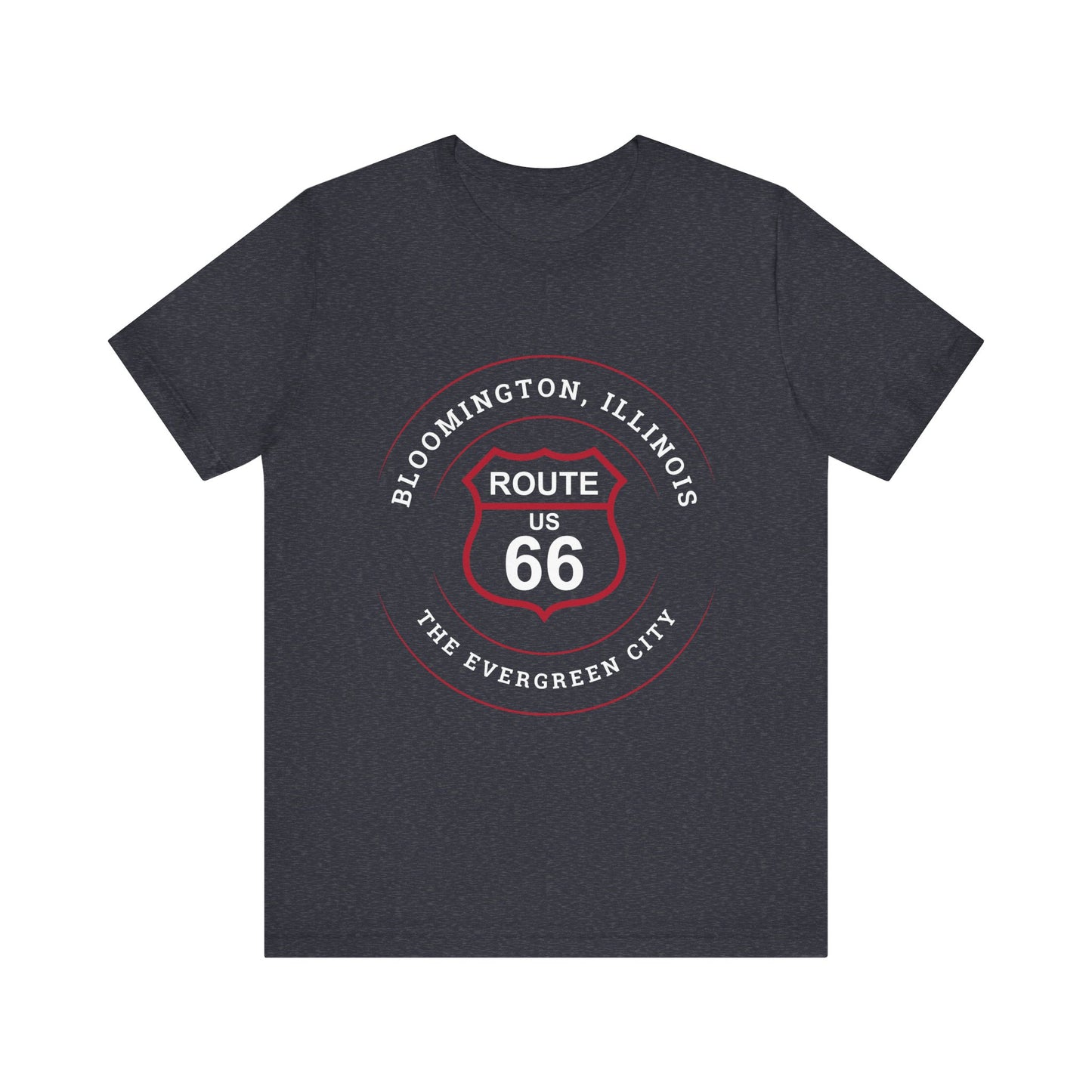 Heather navy retro Route 66 unisex jersey tee with Bloomington, IL: "The Evergreen City" design
