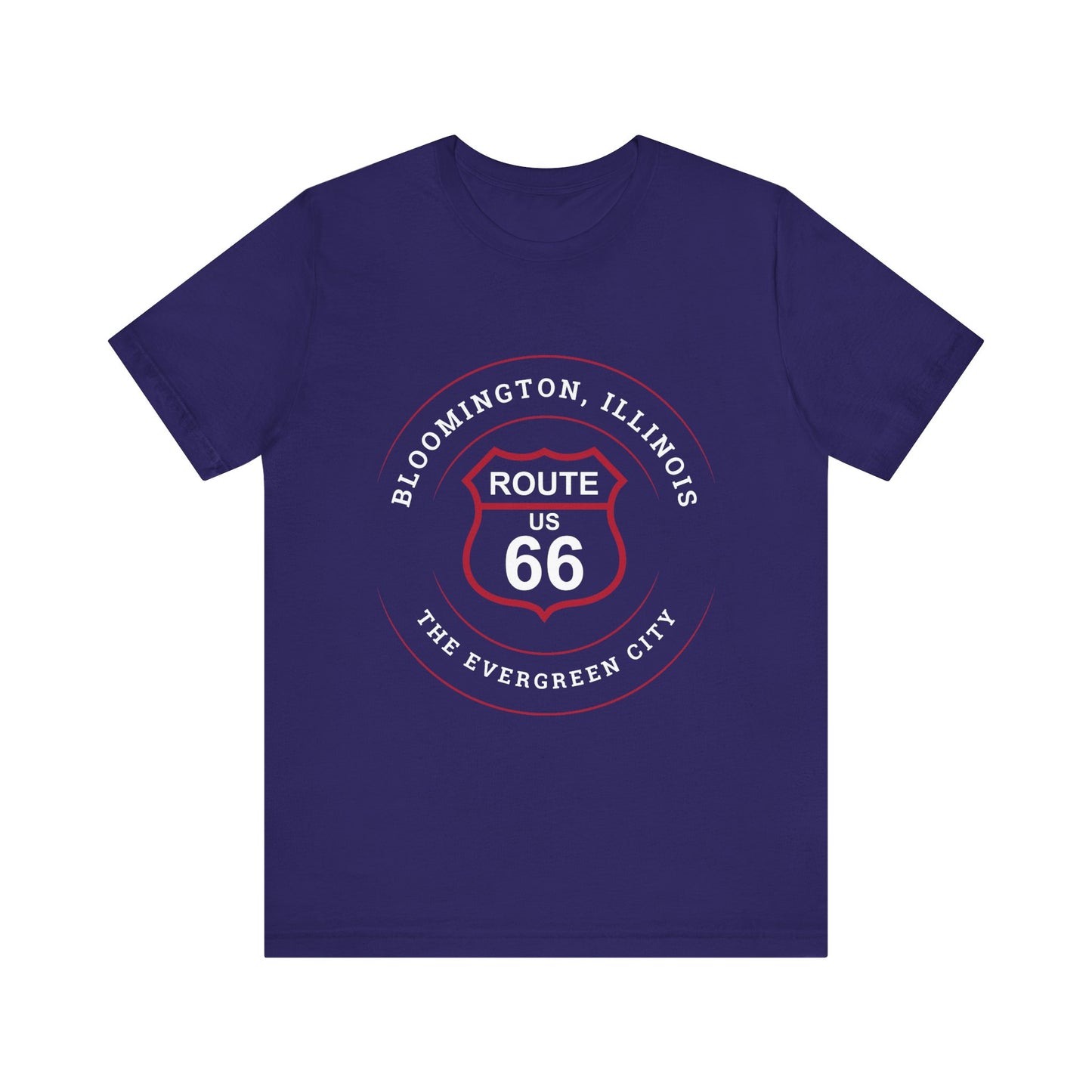 Team navy retro Route 66 unisex jersey tee with Bloomington, IL: "The Evergreen City" design
