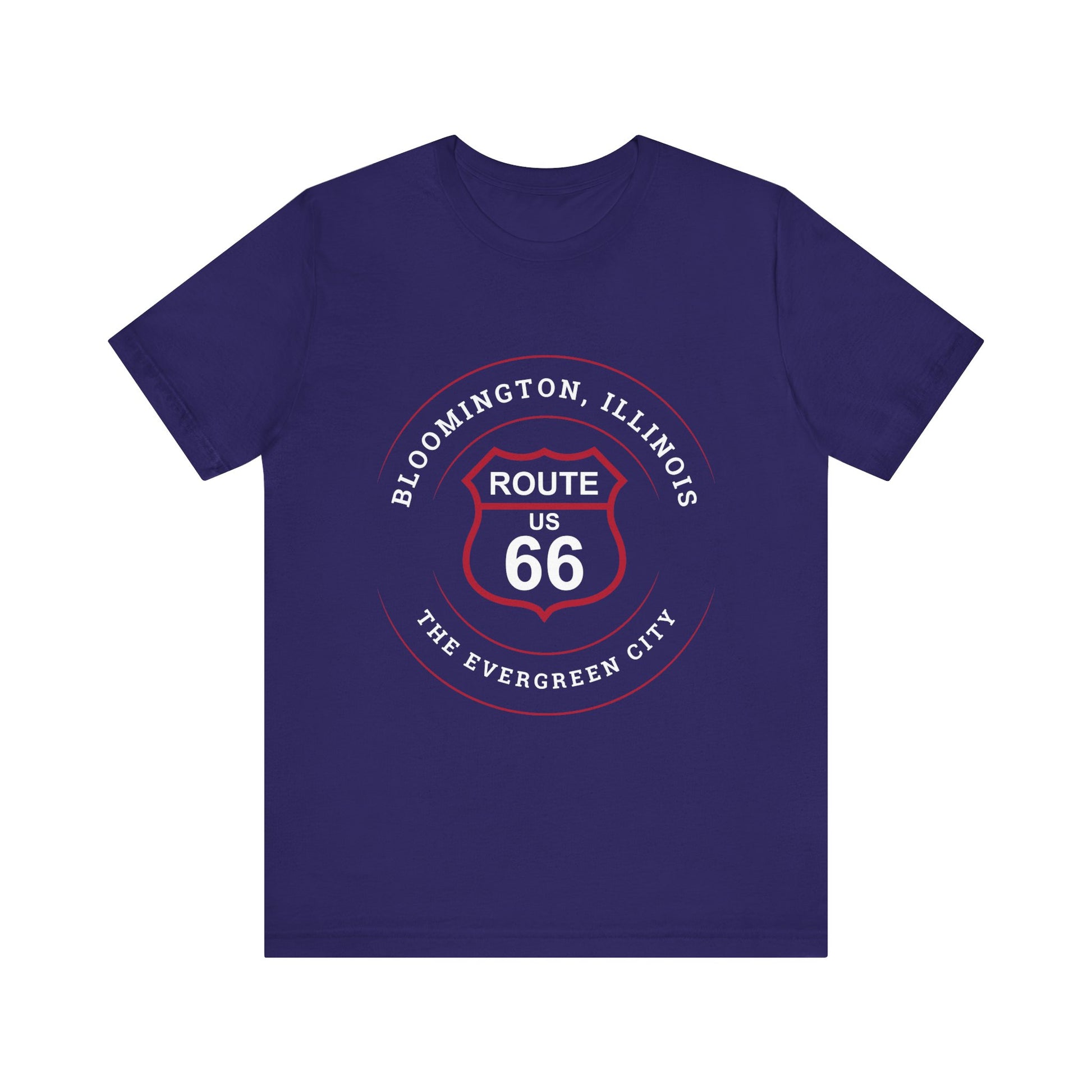 Team navy retro Route 66 unisex jersey tee with Bloomington, IL: "The Evergreen City" design