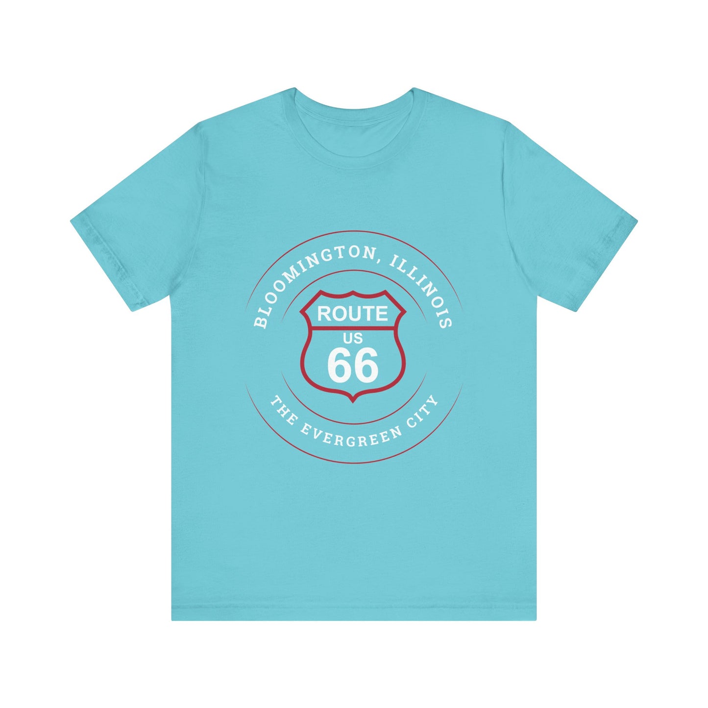 Turquoise retro Route 66 unisex jersey tee with Bloomington, IL: "The Evergreen City" design