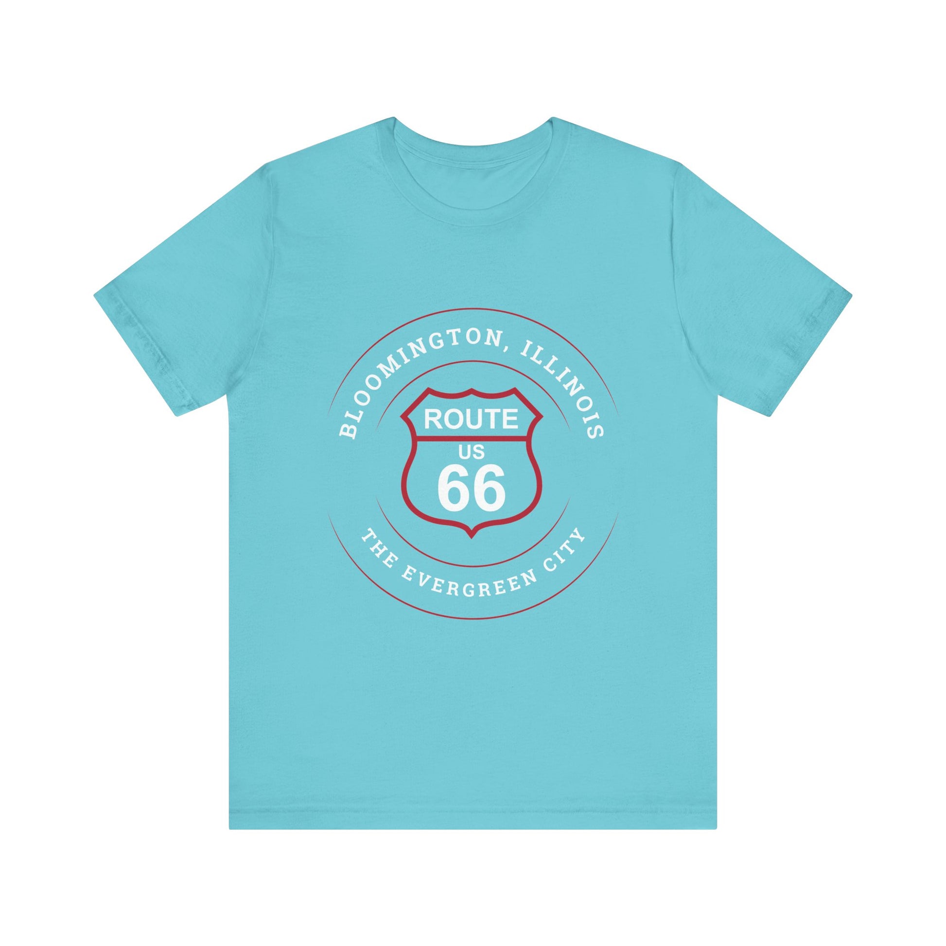 Turquoise retro Route 66 unisex jersey tee with Bloomington, IL: "The Evergreen City" design