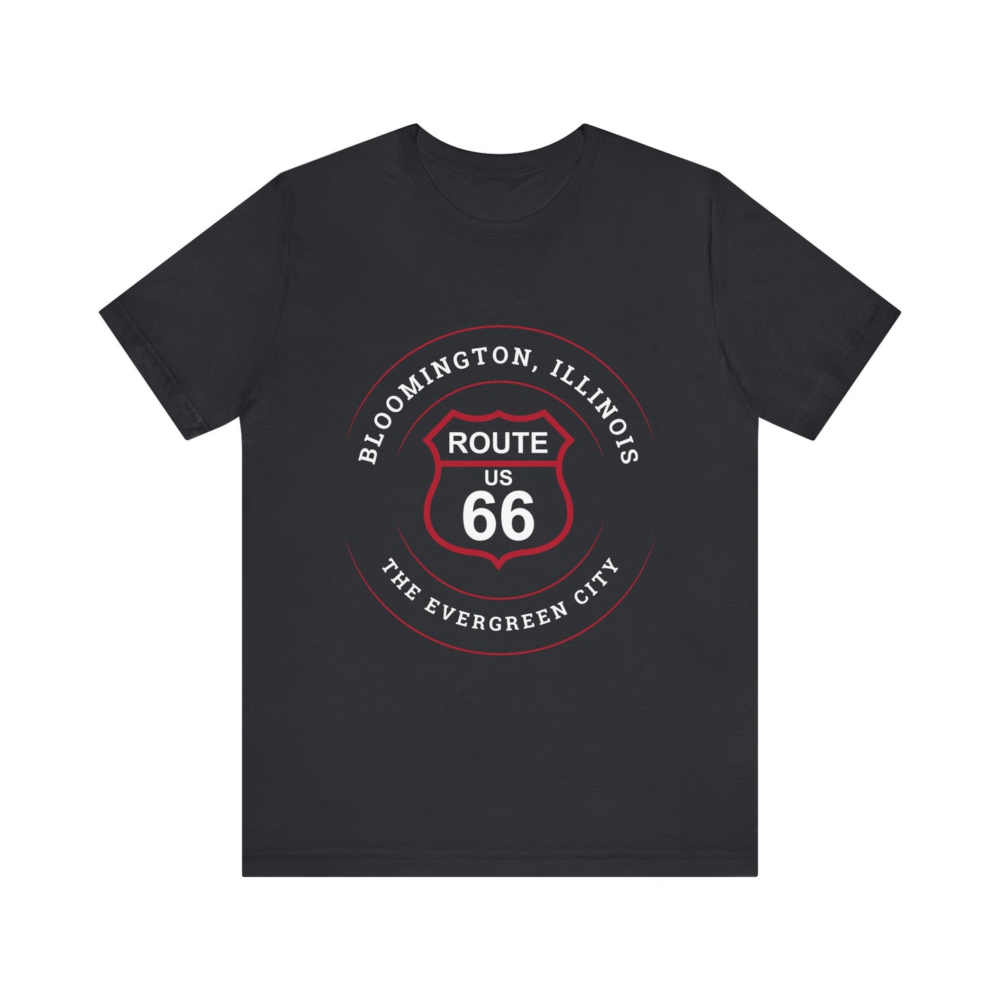 Vintage black retro Route 66 unisex jersey tee with Bloomington, IL: "The Evergreen City" design