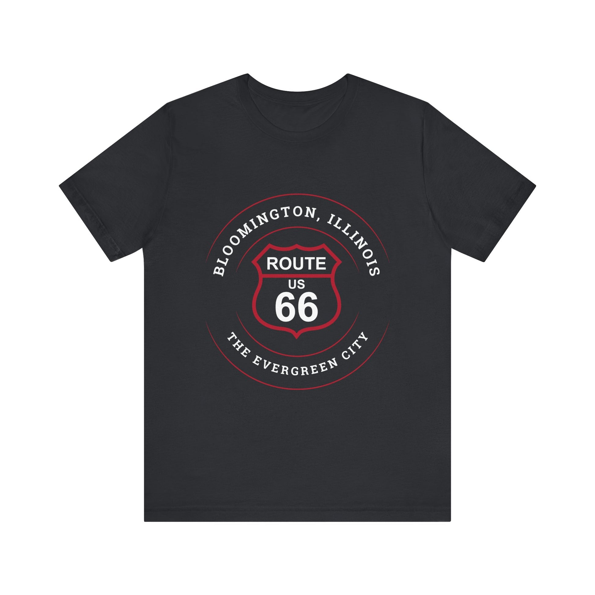 Vintage black retro Route 66 unisex jersey tee with Bloomington, IL: "The Evergreen City" design