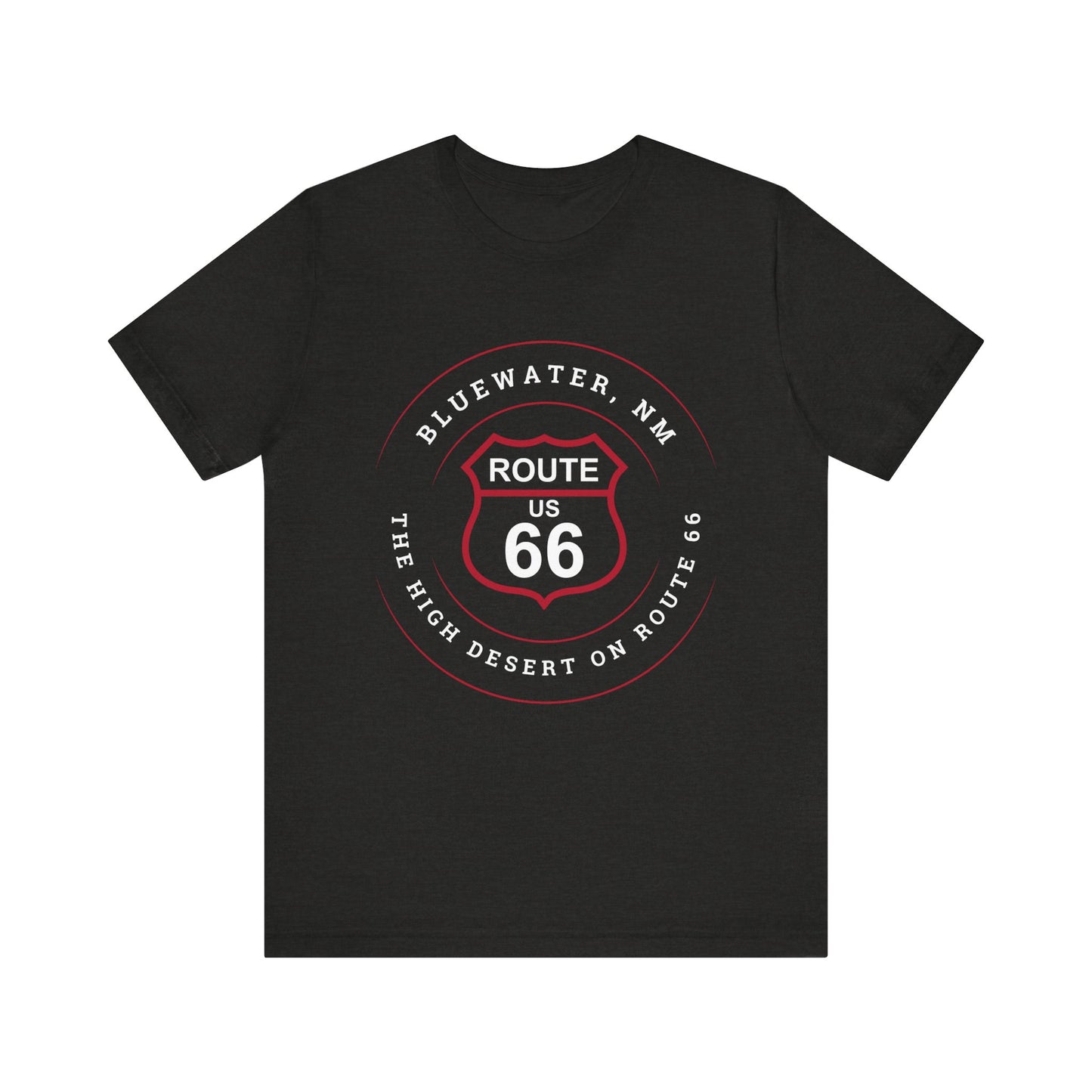 Black heather retro Route 66 unisex jersey tee with Bluewater, NM: The High Desert graphic