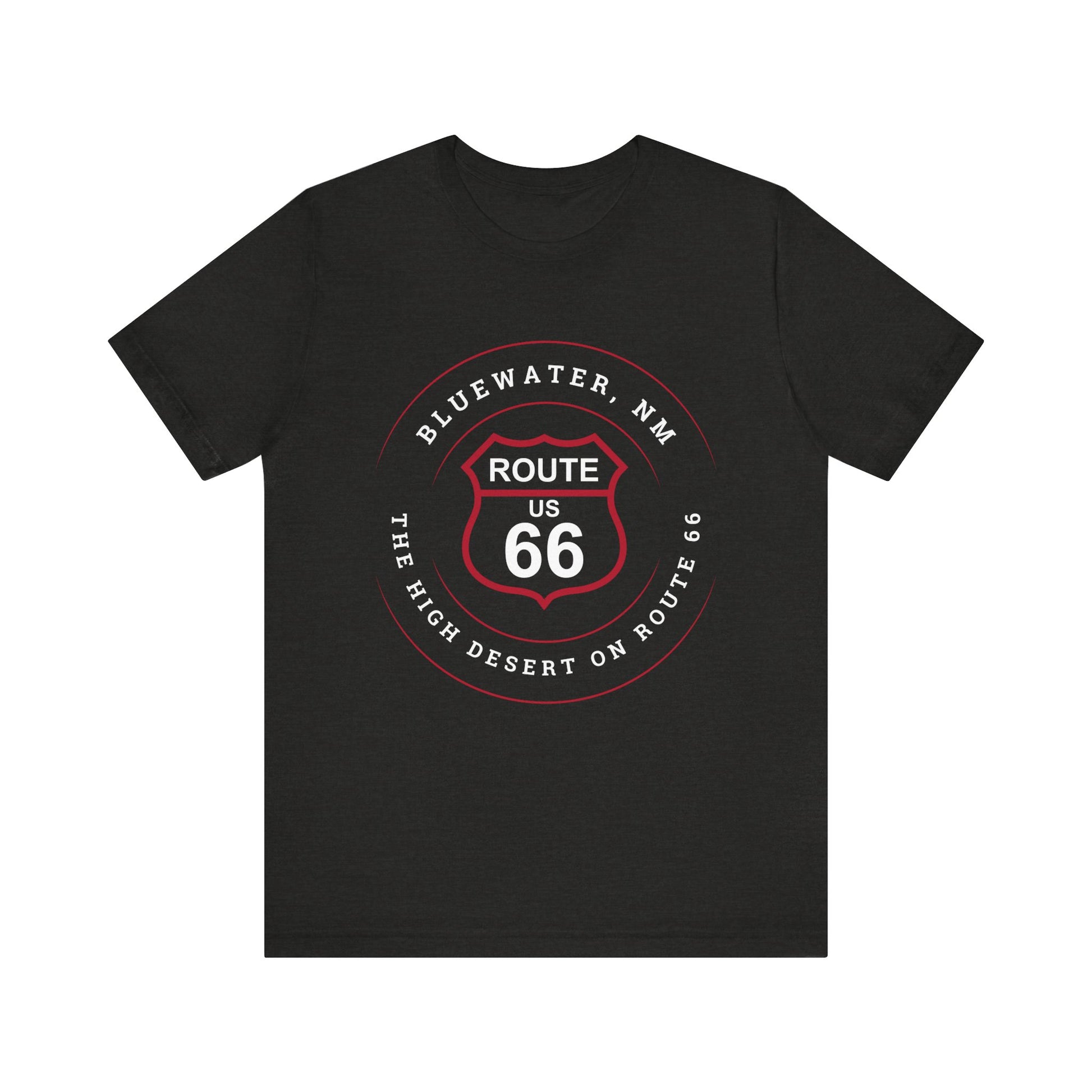 Black heather retro Route 66 unisex jersey tee with Bluewater, NM: The High Desert graphic