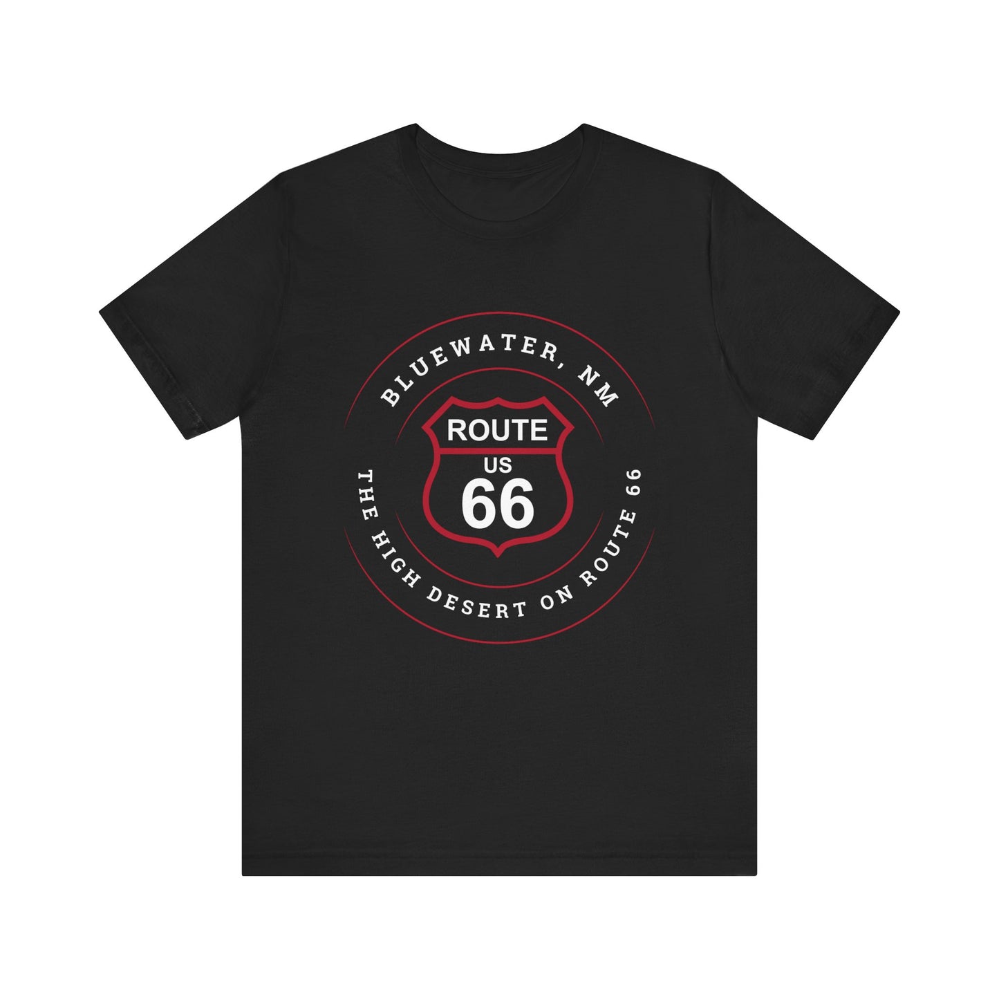 Black retro Route 66 unisex jersey tee with Bluewater, NM: The High Desert graphic