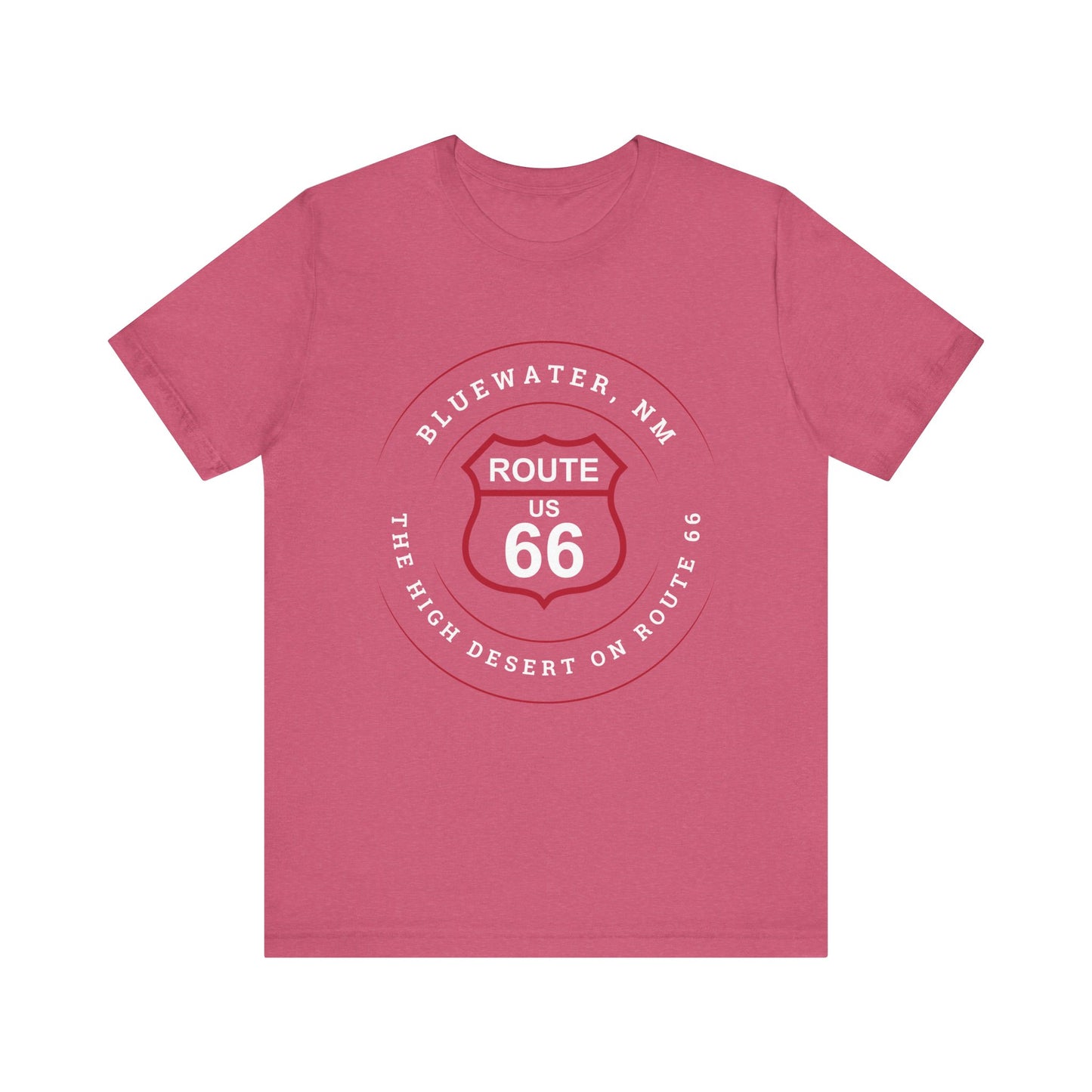 Heather raspberry retro Route 66 unisex jersey tee with Bluewater, NM: The High Desert graphic