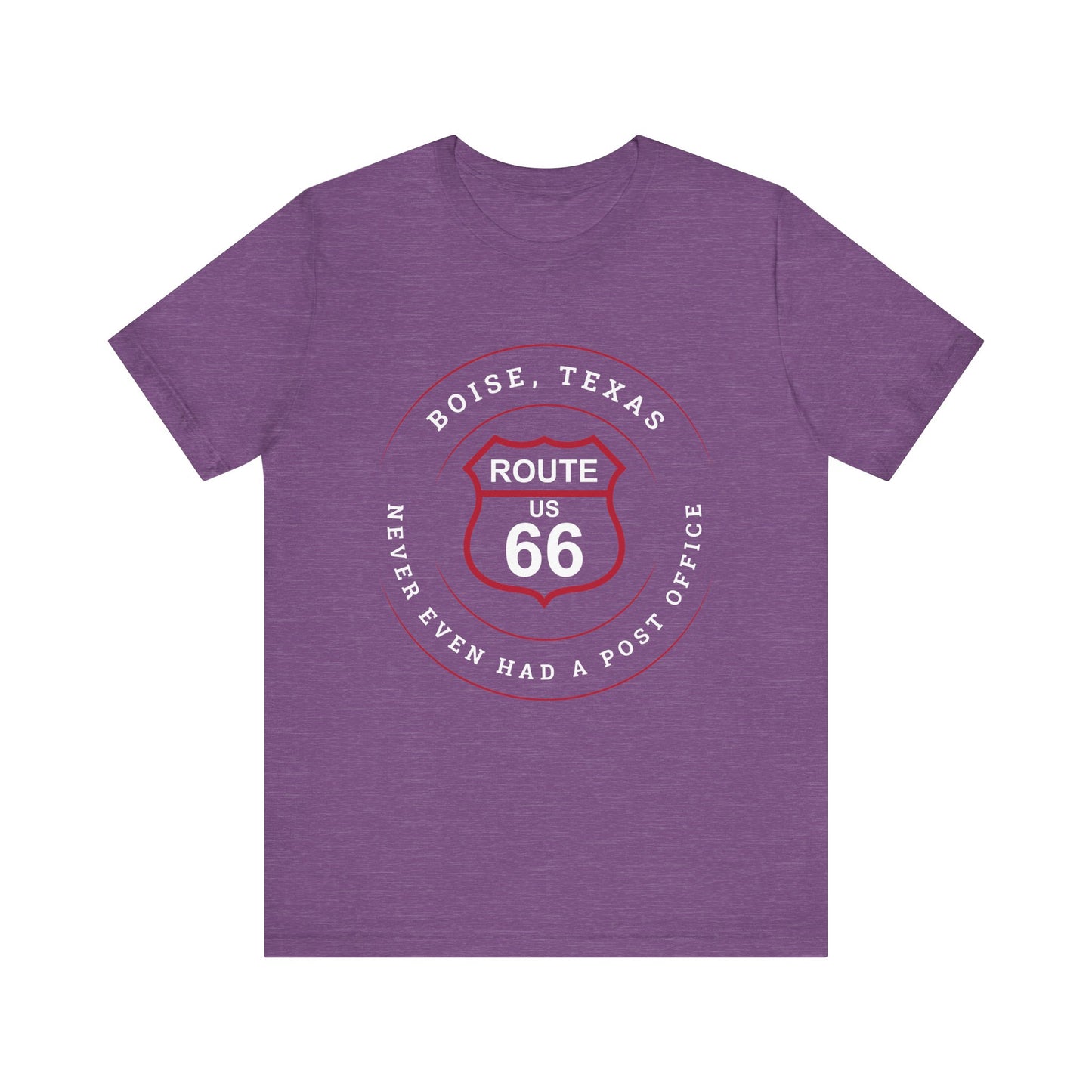 Heather team purple retro Route 66 unisex jersey tee with Boise, TX: "Never Even Had a Post Office" design