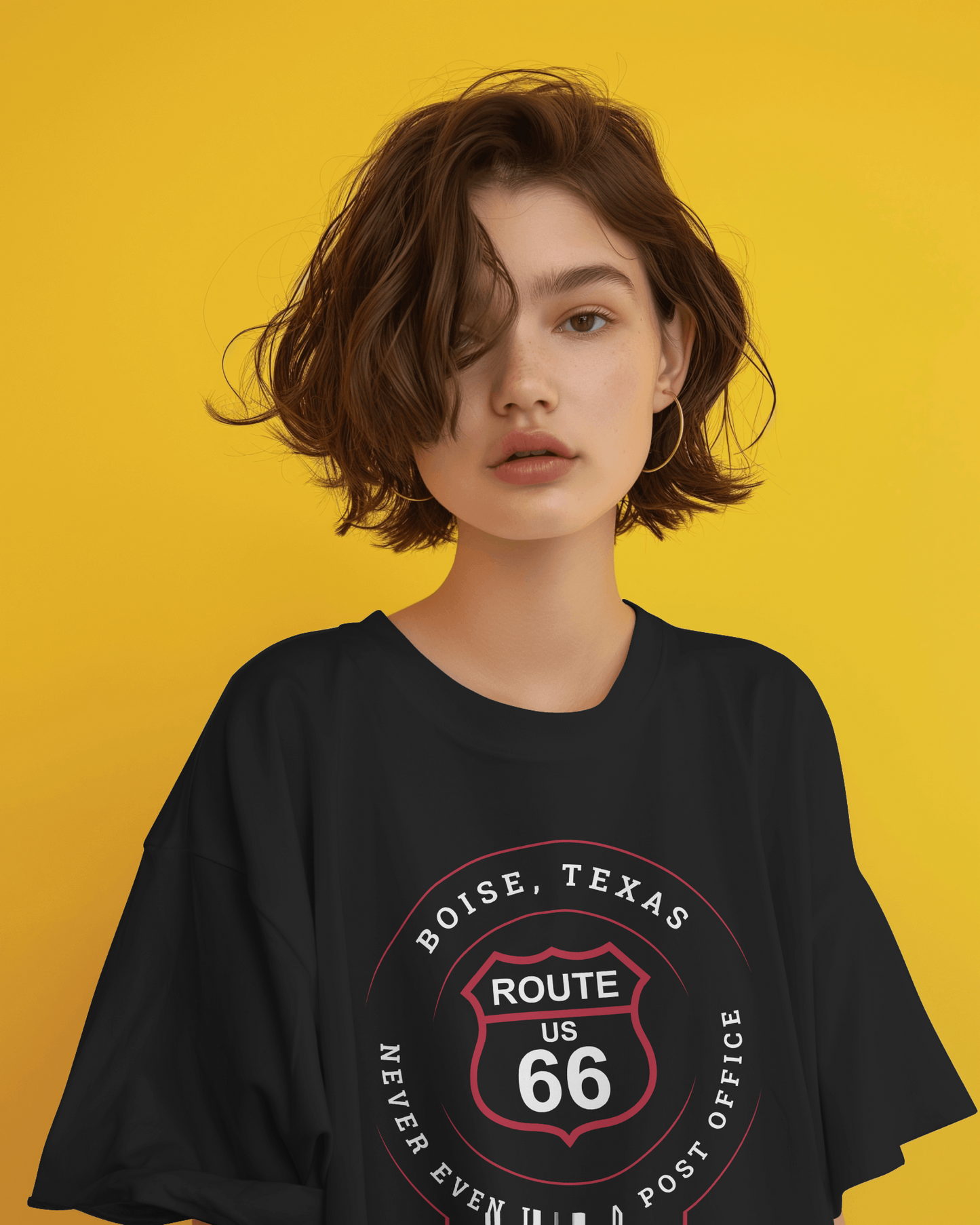 Female model wearing a vintage black retro Route 66 unisex jersey tee with Boise, TX: "Never Even Had a Post Office" design