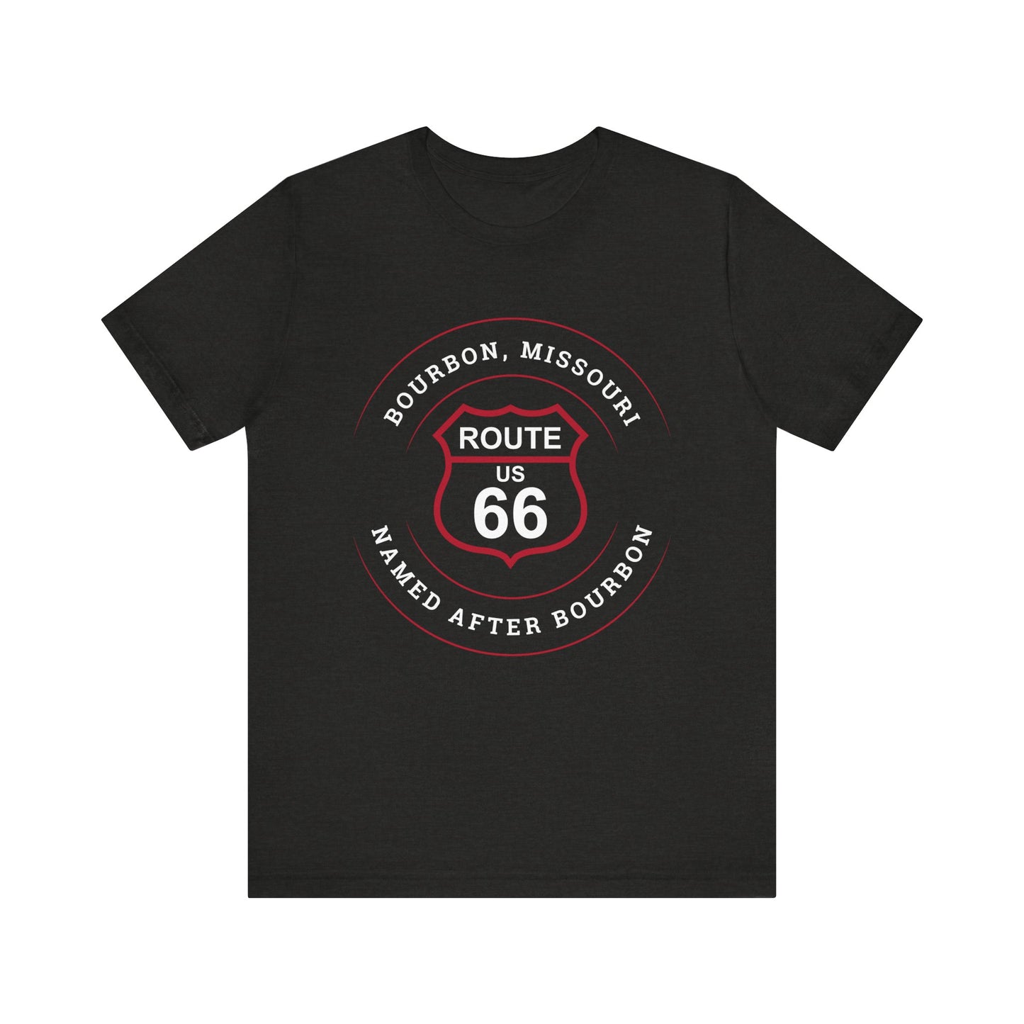 Black heather retro Route 66 unisex jersey tee with Bourbon, MO: "Named After Bourbon" design