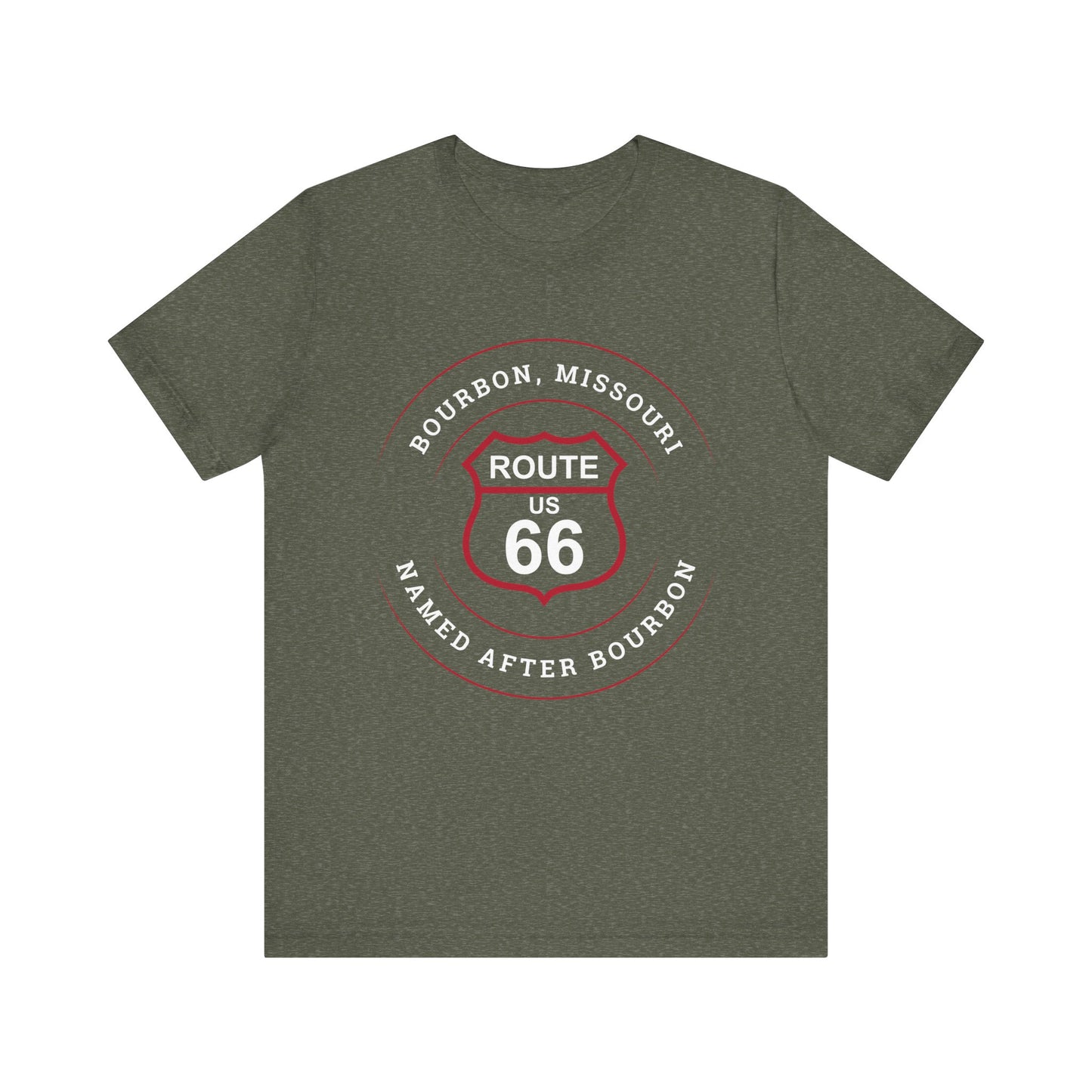 Heather military green retro Route 66 unisex jersey tee with Bourbon, MO: "Named After Bourbon" design