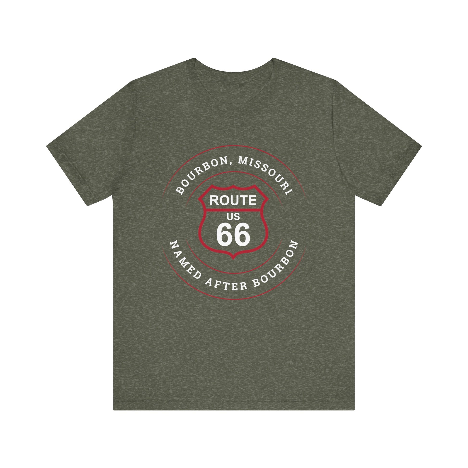 Heather military green retro Route 66 unisex jersey tee with Bourbon, MO: "Named After Bourbon" design