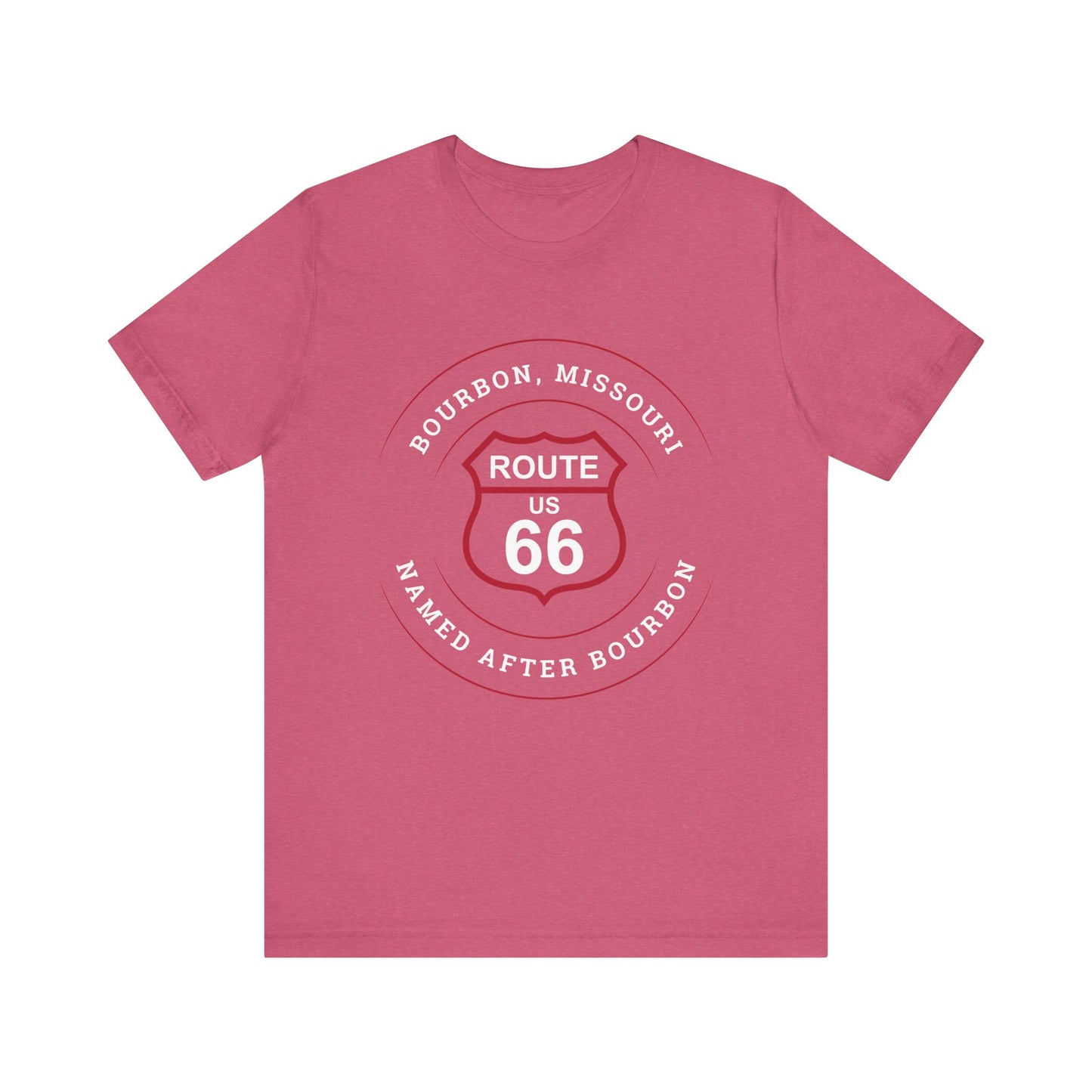 Heather raspberry retro Route 66 unisex jersey tee with Bourbon, MO: "Named After Bourbon" design
