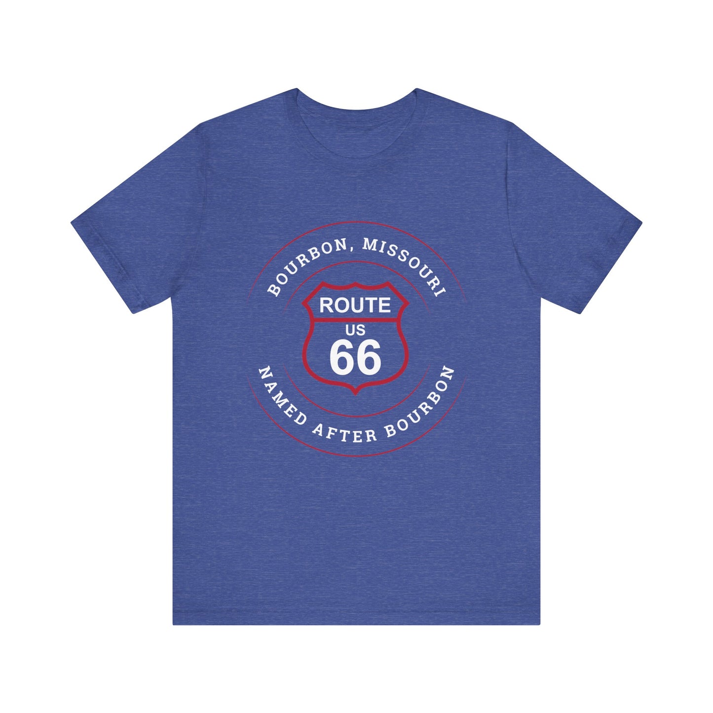 Heather true royal retro Route 66 unisex jersey tee with Bourbon, MO: "Named After Bourbon" design