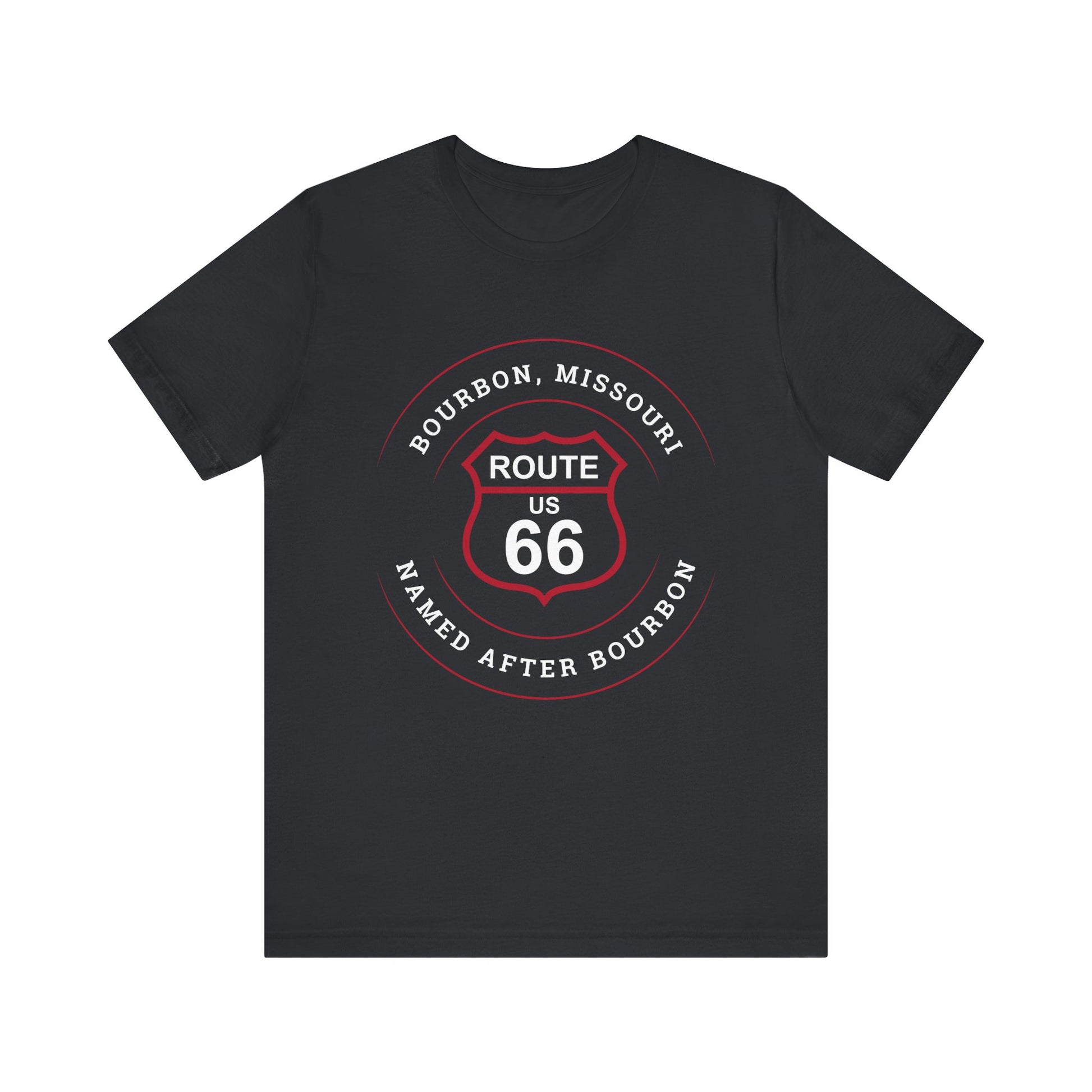 Vintage black retro Route 66 unisex jersey tee with Bourbon, MO: "Named After Bourbon" design