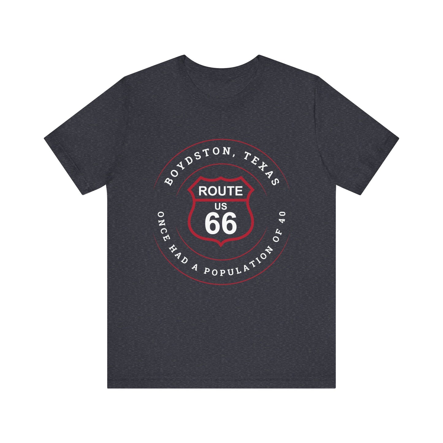 Heather navy retro Route 66 unisex jersey tee with Boydston, TX: "Once Had a Population of 40" design