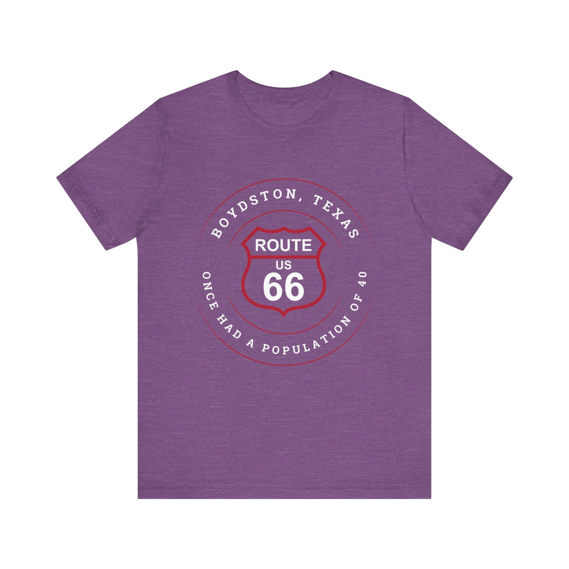 Heather team purple retro Route 66 unisex jersey tee with Boydston, TX: "Once Had a Population of 40" design