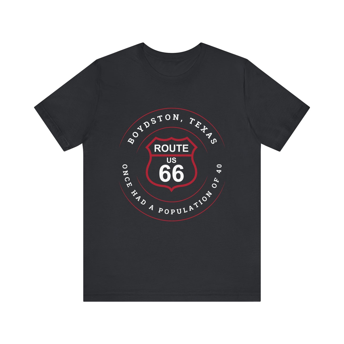 Vintage black retro Route 66 unisex jersey tee with Boydston, TX: "Once Had a Population of 40" design