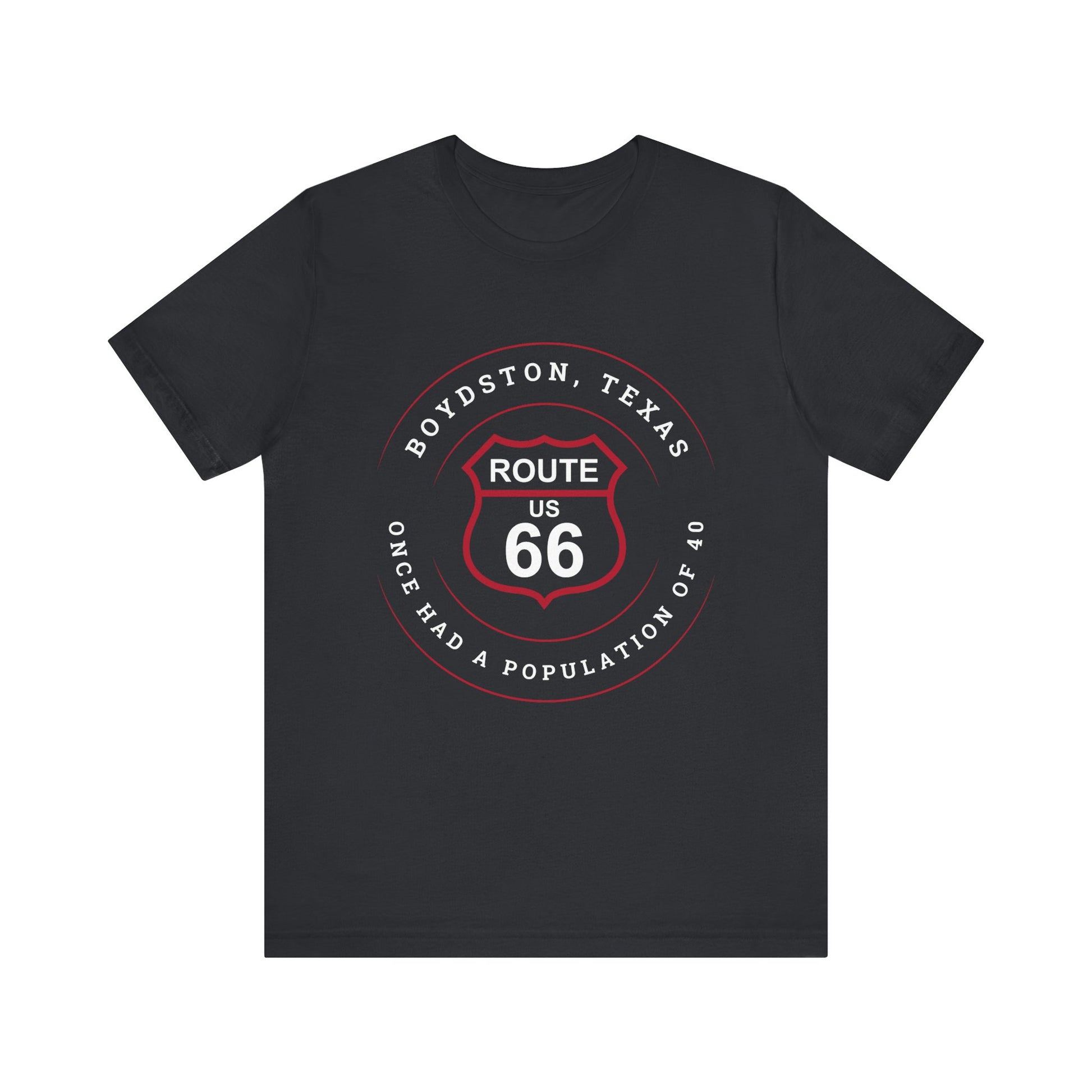Vintage black retro Route 66 unisex jersey tee with Boydston, TX: "Once Had a Population of 40" design