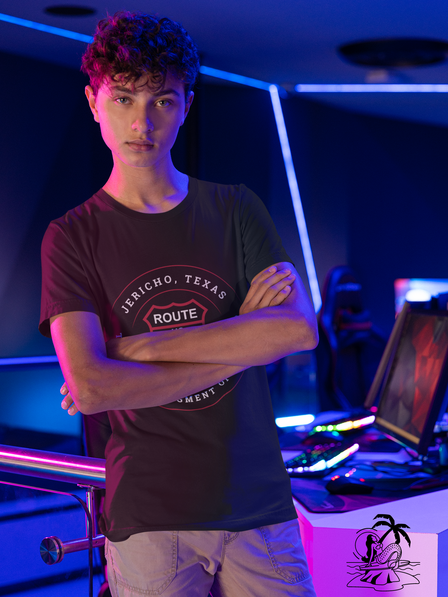 Male model wearing a vintage black retro Route 66 unisex jersey tee with Boydston, TX: "Once Had a Population of 40" design