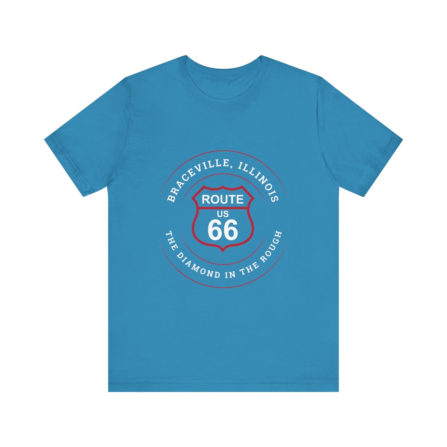 Aqua retro Route 66 unisex jersey tee with Braceville, IL: "The Diamond in the Rough" design