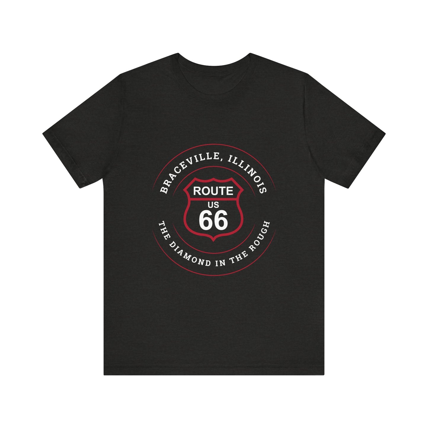 Black heather retro Route 66 unisex jersey tee with Braceville, IL: "The Diamond in the Rough" design