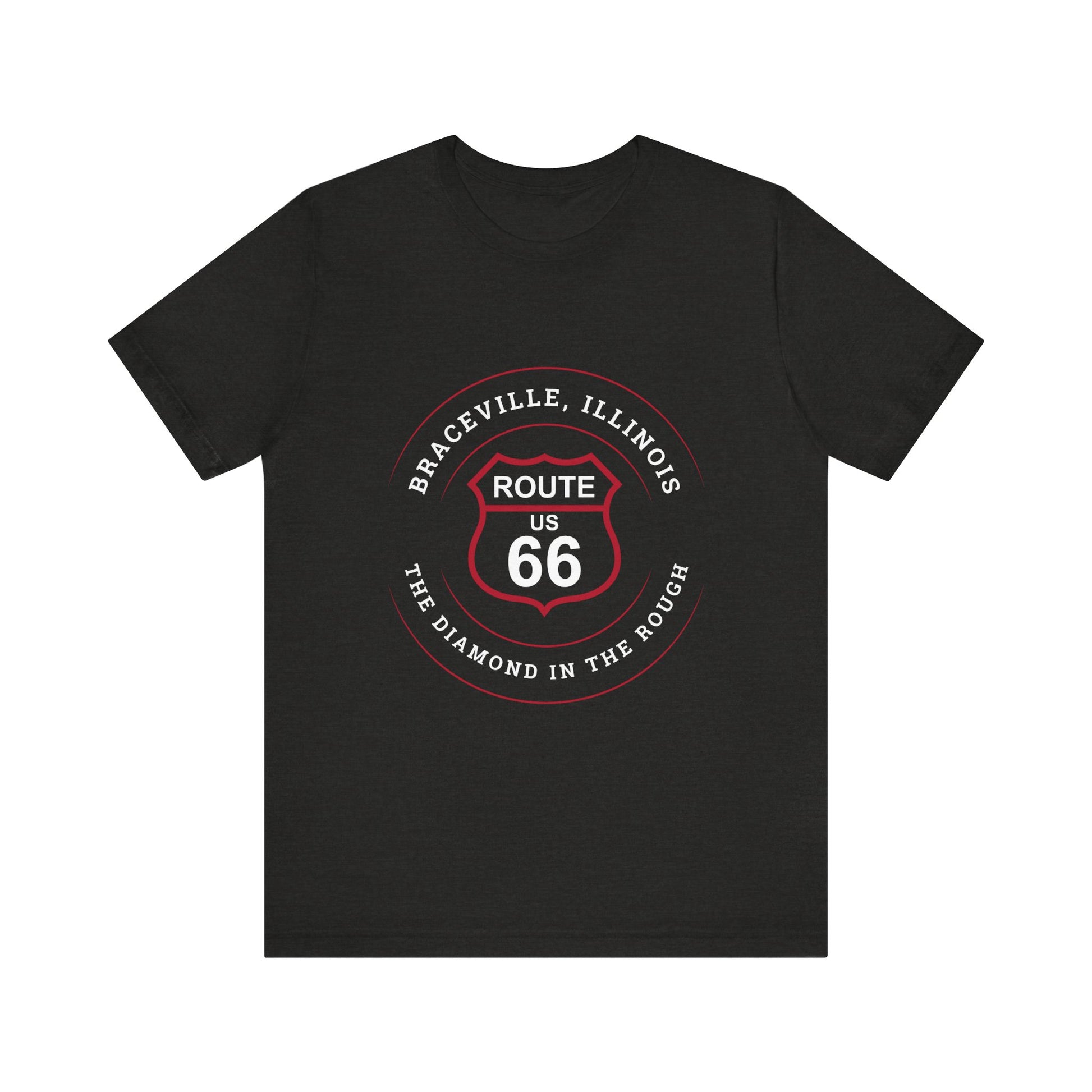 Black heather retro Route 66 unisex jersey tee with Braceville, IL: "The Diamond in the Rough" design