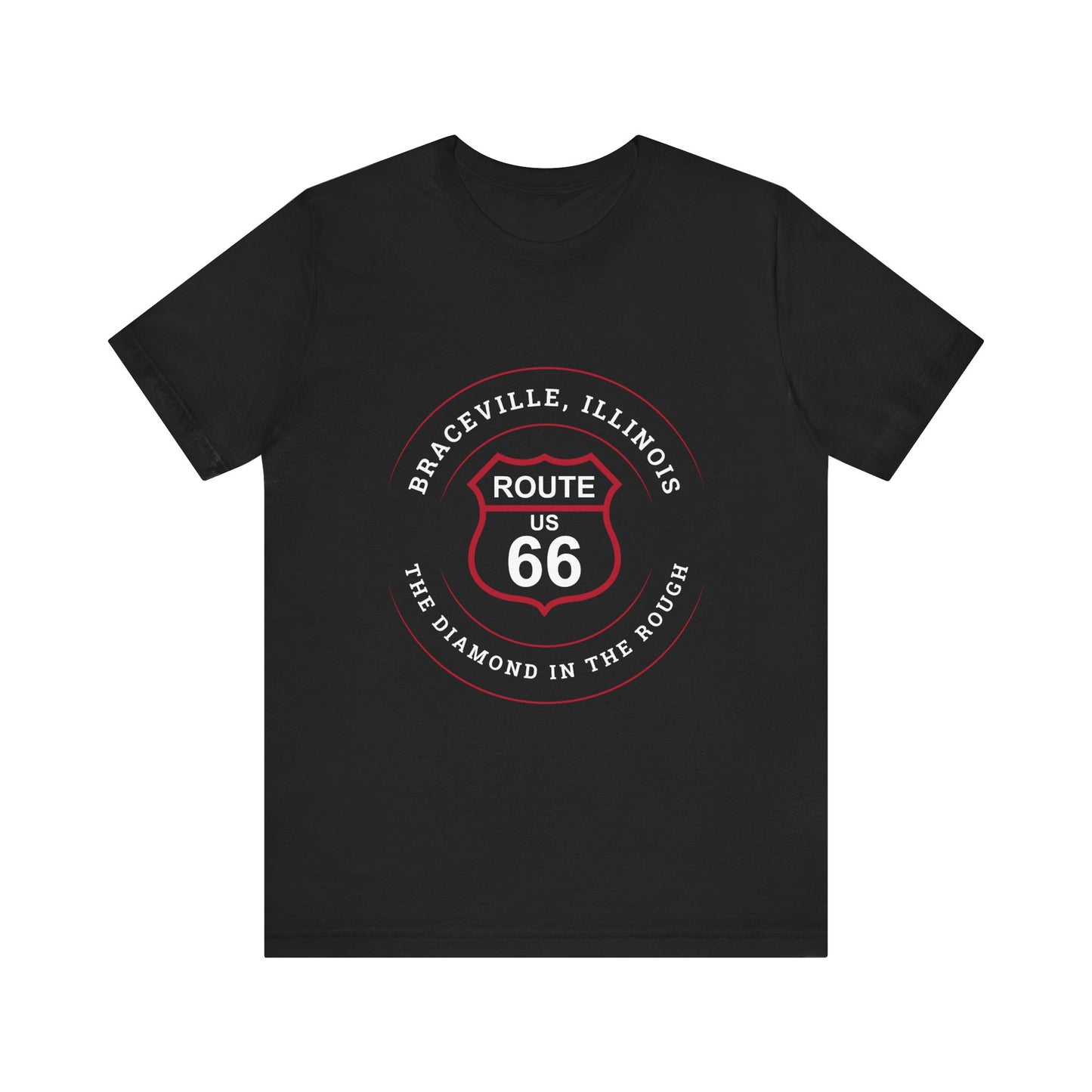 Black retro Route 66 unisex jersey tee with Braceville, IL: "The Diamond in the Rough" design