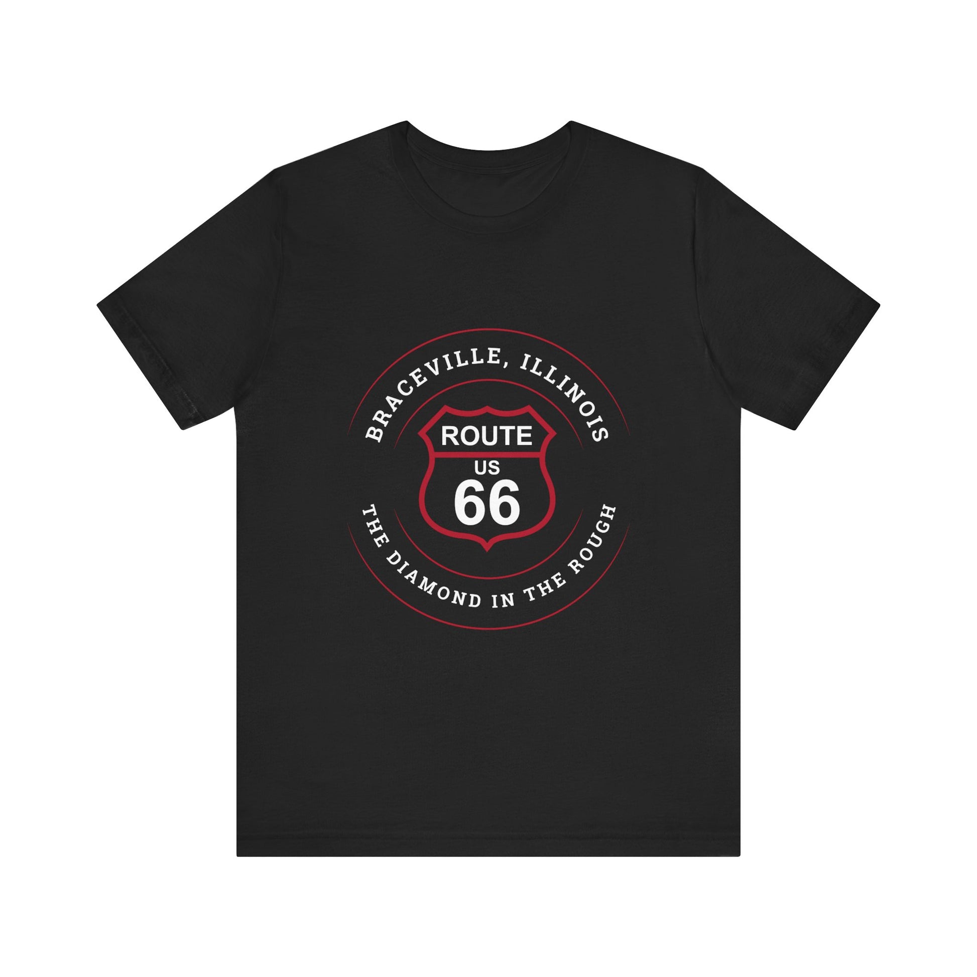 Black retro Route 66 unisex jersey tee with Braceville, IL: "The Diamond in the Rough" design