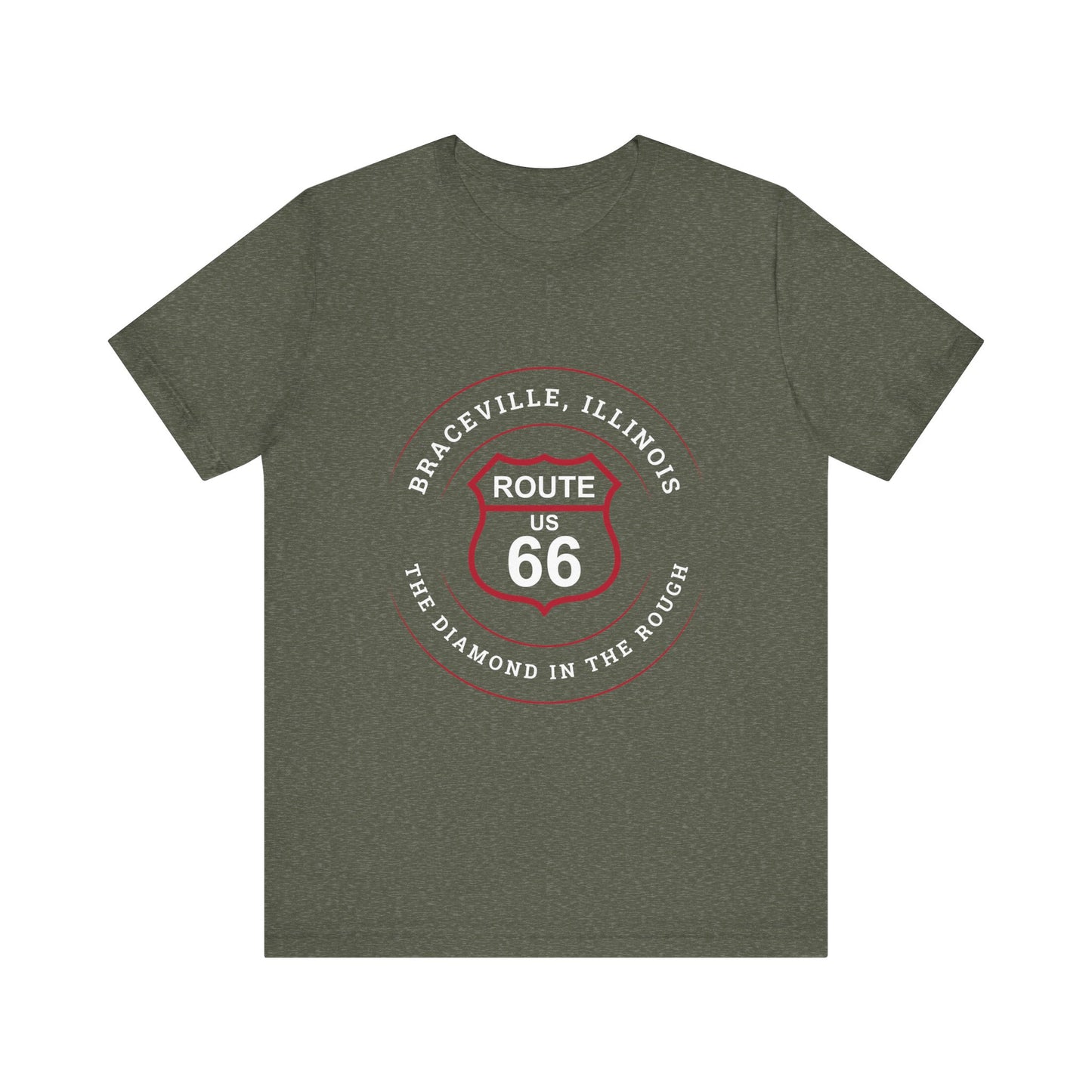 Heather military green retro Route 66 unisex jersey tee with Braceville, IL: "The Diamond in the Rough" design