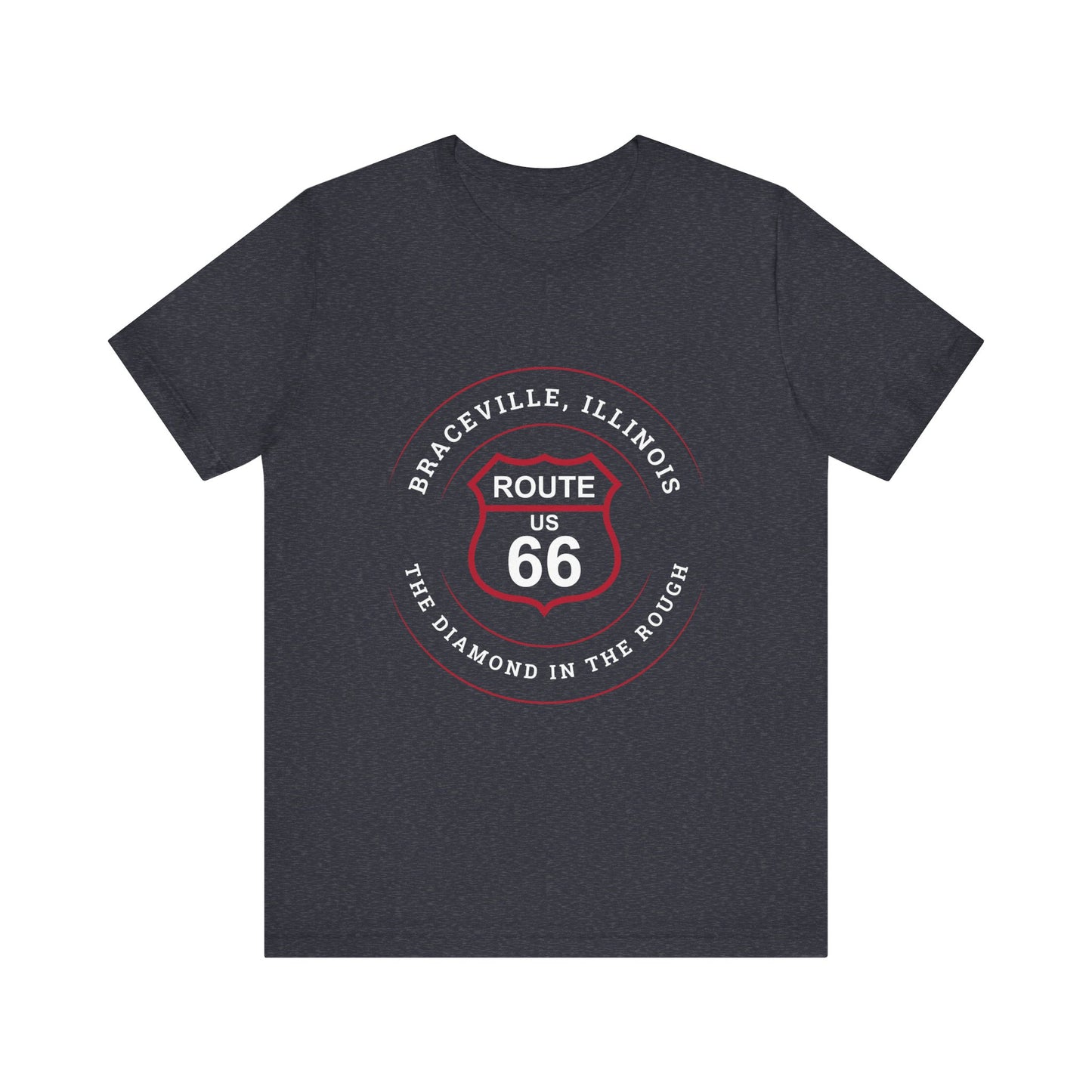 Heather navy retro Route 66 unisex jersey tee with Braceville, IL: "The Diamond in the Rough" design