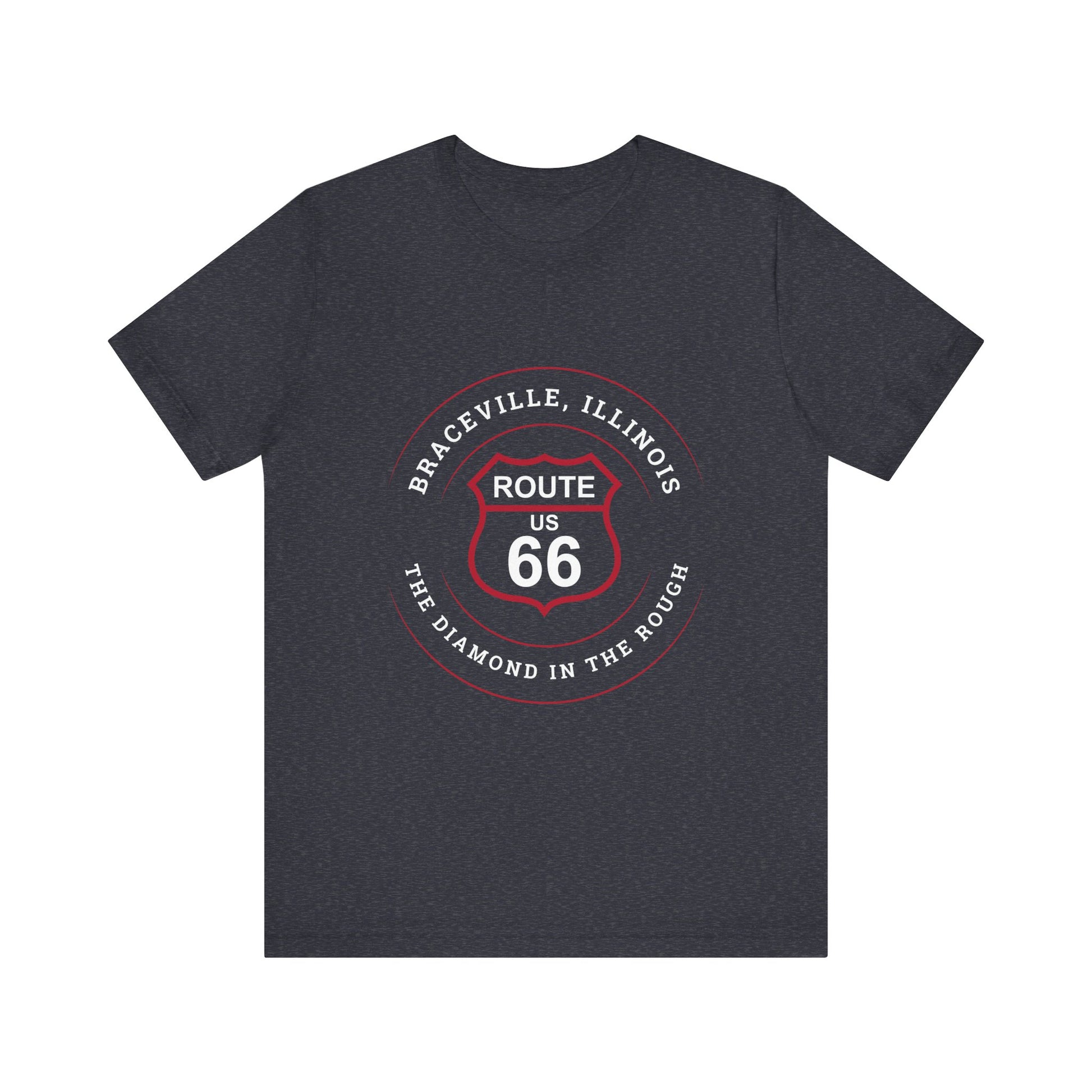 Heather navy retro Route 66 unisex jersey tee with Braceville, IL: "The Diamond in the Rough" design